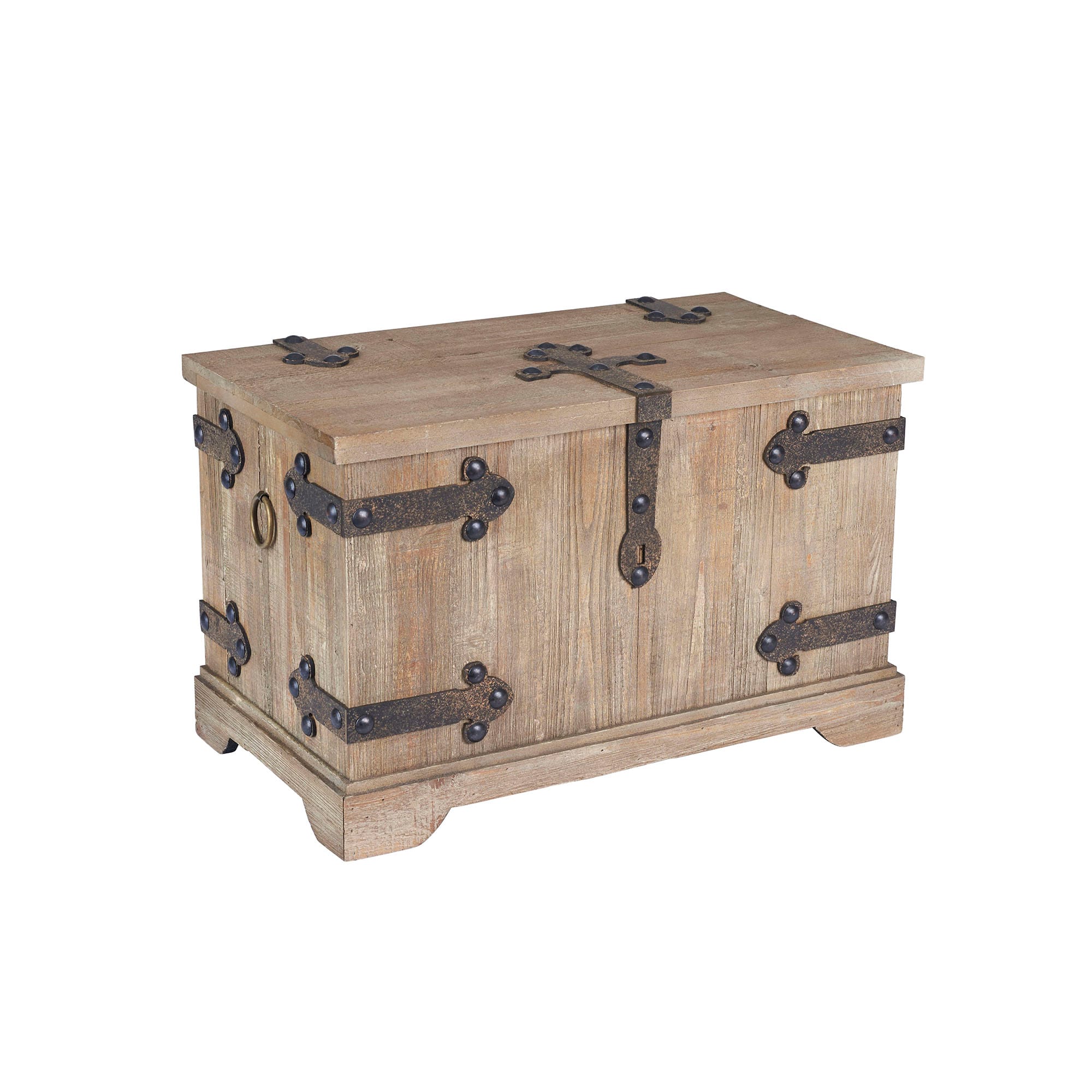 Household Essentials Decorative Trunk Victorian Small Chinese Fir Wood Aged-Wood Finish with Metal Accents Fully Opening Lid Stout Design Ring Handles #HH9544-1