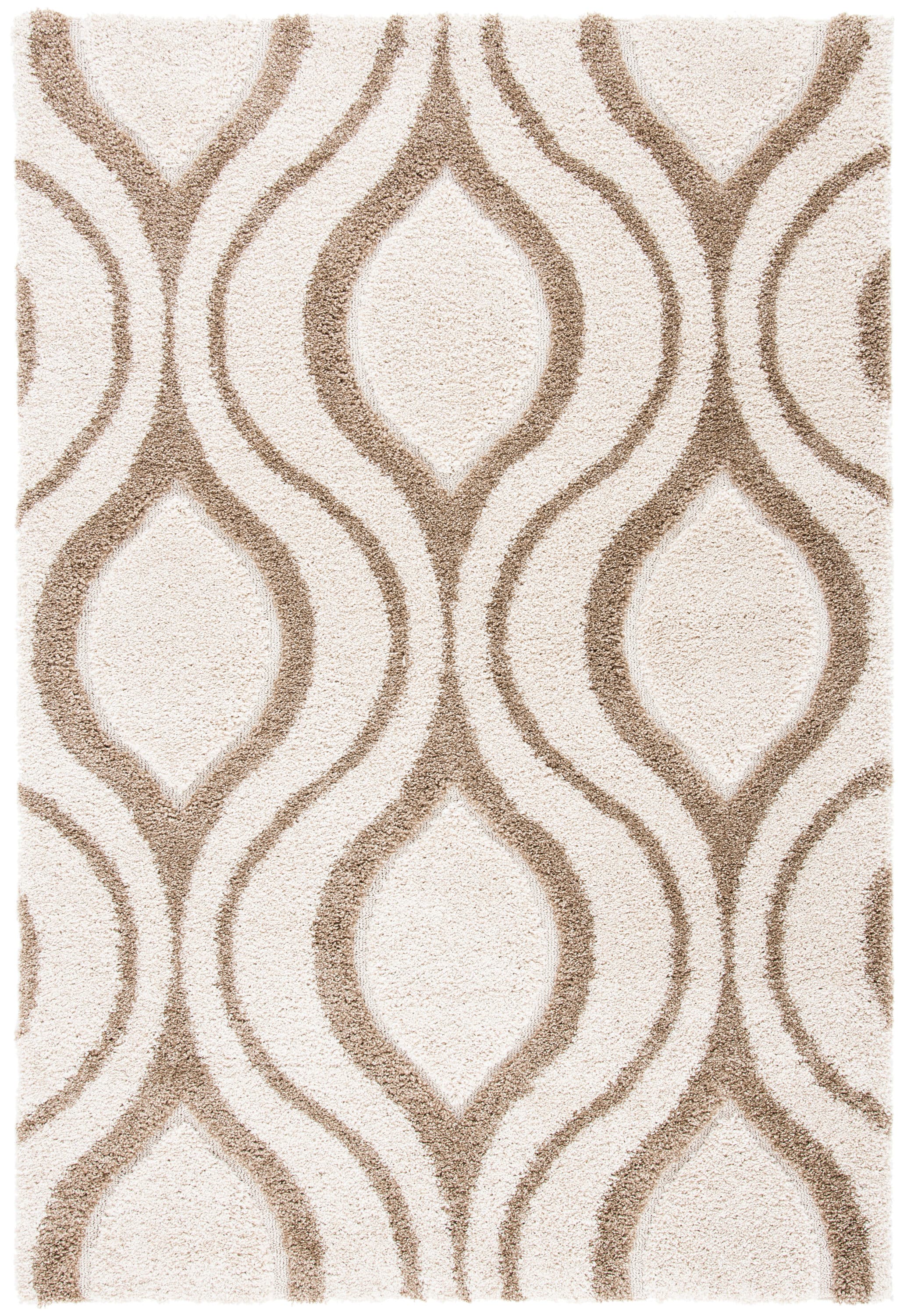 Ivory and Beige Geometric Hand-Knotted Shag Rug