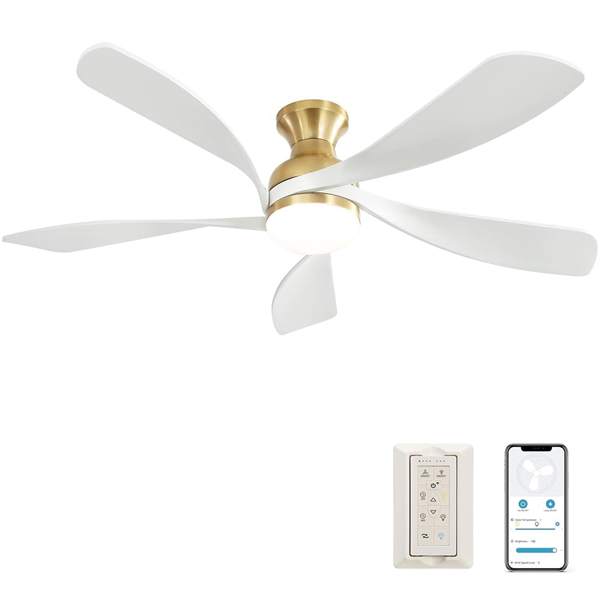 Bybafun YA8200029 52-in Color-Changing Flush Mount Gold with Wood Blades Ceiling Fan With Light and Remote ( 5 -Blade )