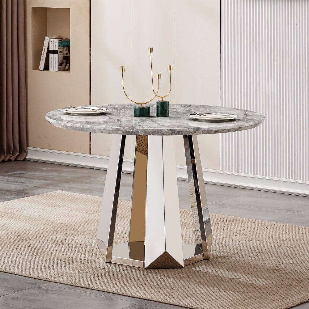 Coolbibila CAMRYN-TABLE-GRAY 47 Inch Round Marble Dining Table Kitchen Table with Gray Faux Marble Tabletop and Gold Steel Base