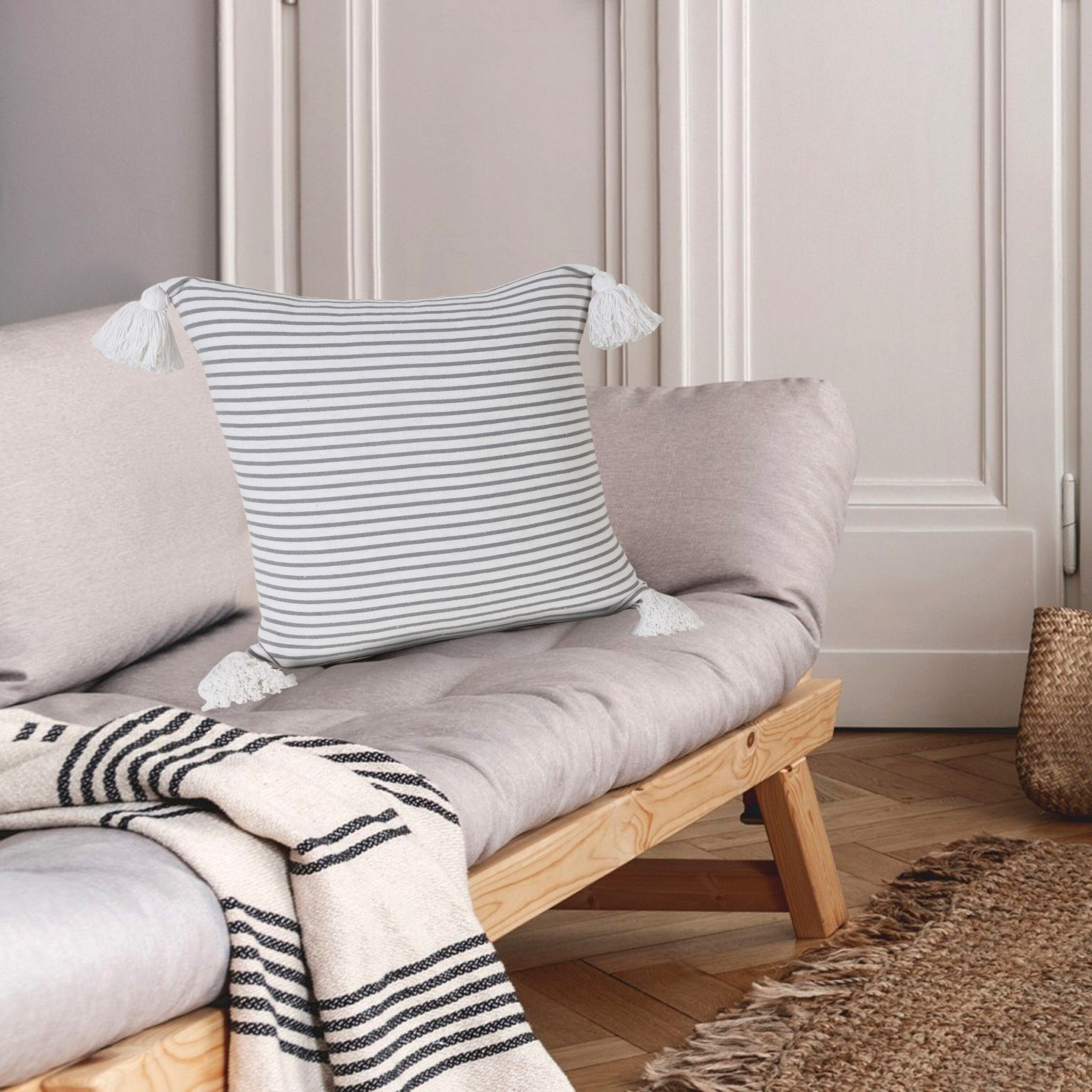 Gray and White Striped Cotton Square Throw Pillow with Tassels
