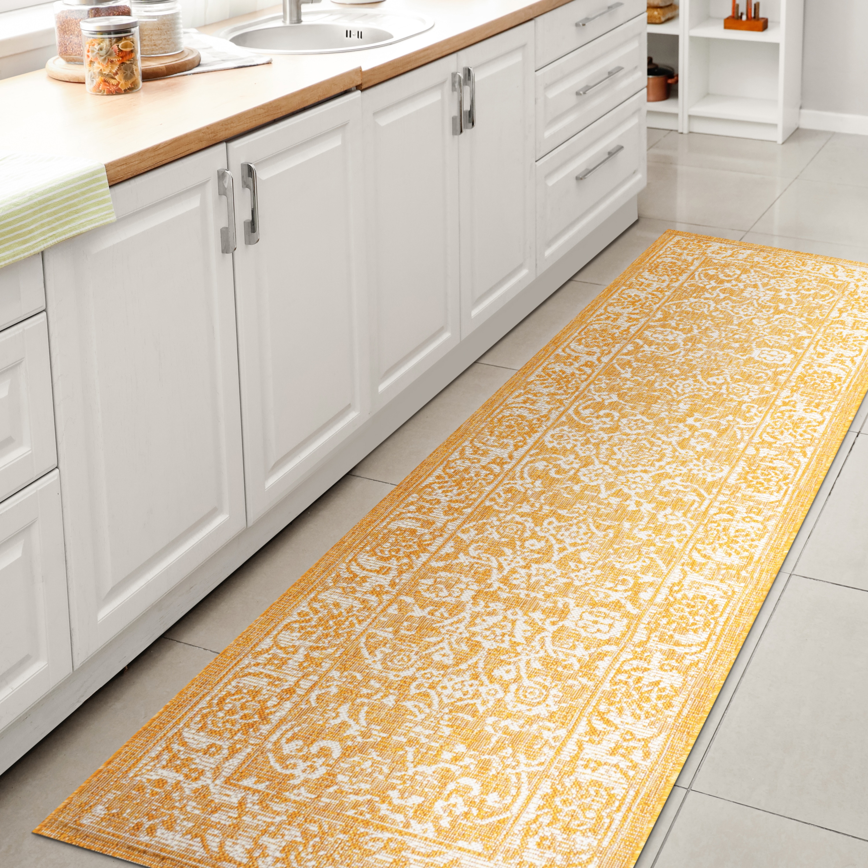 JONATHAN  Y SMB100E-28 Santa Monica Tela Textured Weave Floral 2 x 8 (ft) Loomed Polypropylene Yellow/Cream Rectangular Indoor/Outdoor Border Coastal Runner rug