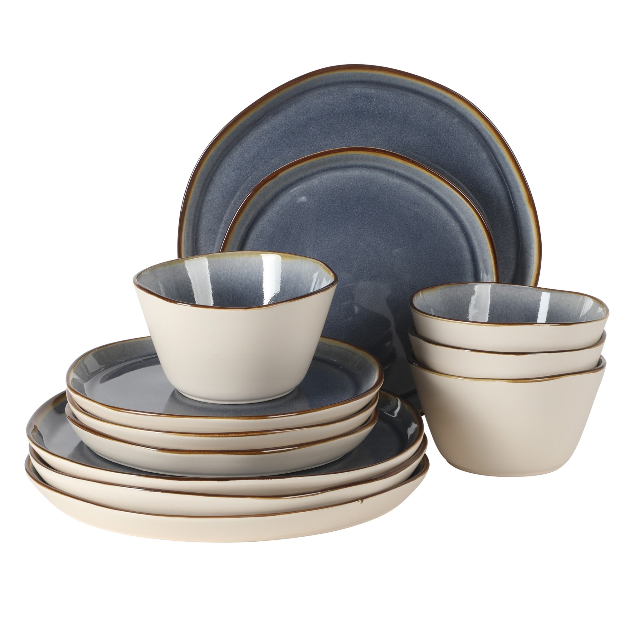 Gibson Elite  Algeria River 12 Piece Stoneware Reactive Plates and Bowls Set Blue