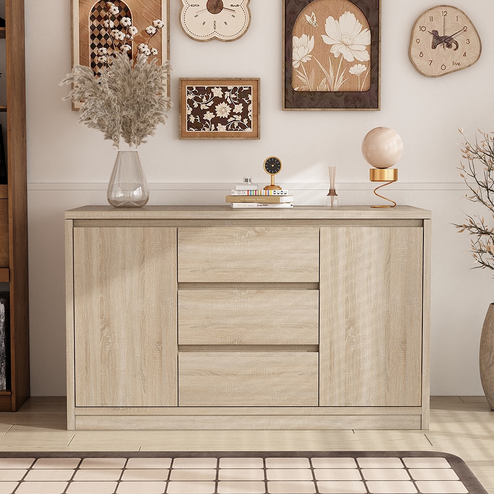 Homsee V-KF200296-01-AB Modern Dresser with Three Drawers and Two Doors Hidden Flip Top NFC Lock and Push to Open Design in Wood Grain Finish for Bedroom Storage