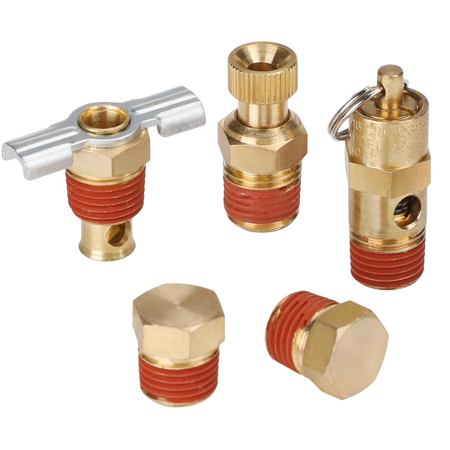 DYRCJ  5 Piece 1 4 Inch Compressor Air Tank Port Fittings Drain Valve Kit with Solid Brass Hex Head Plugs Winged Style and Twist Style Petcock