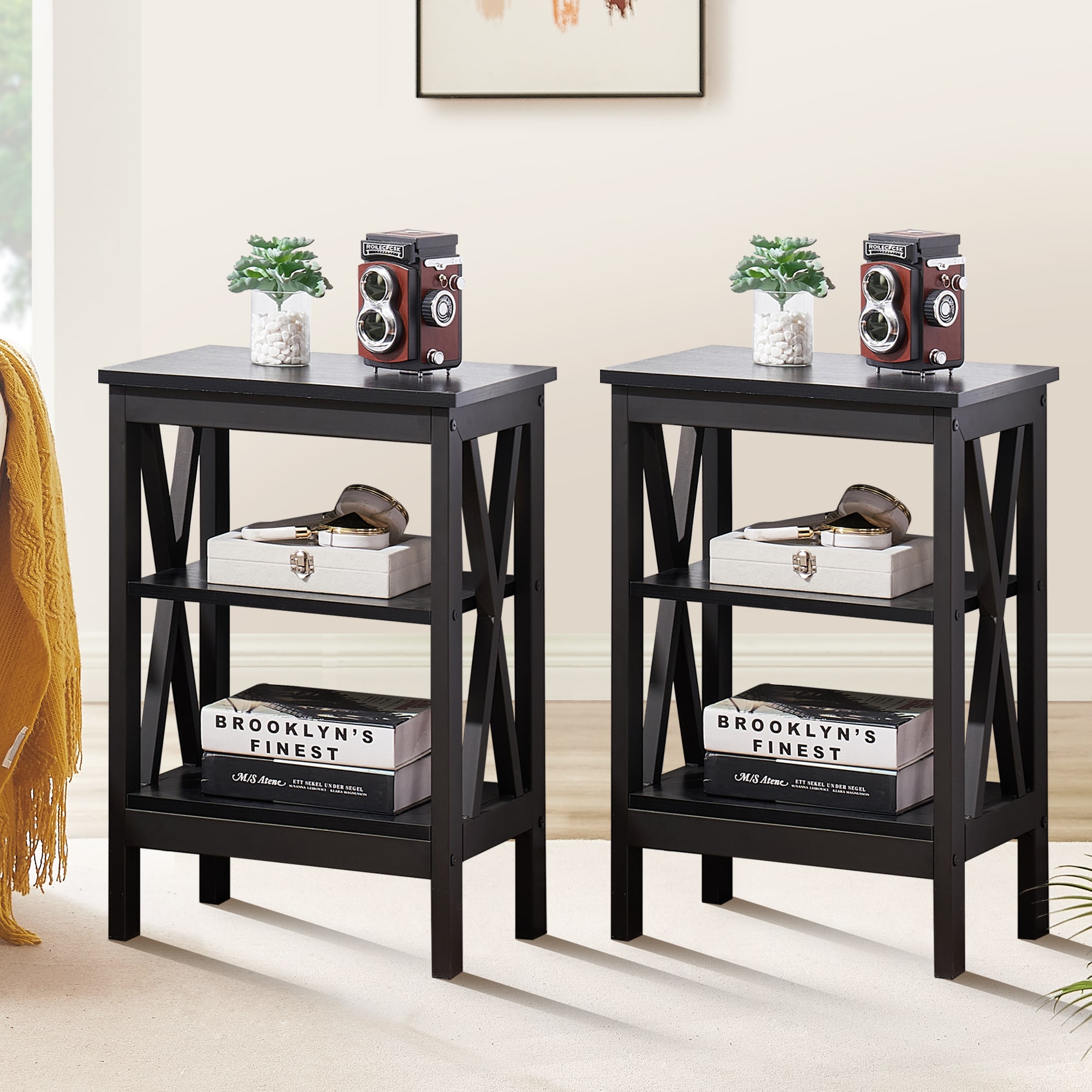Vecelo Set of 2 Black Nightstand Beside Table End Table with Storage Shelf Nightstands for Living Room Bedroom