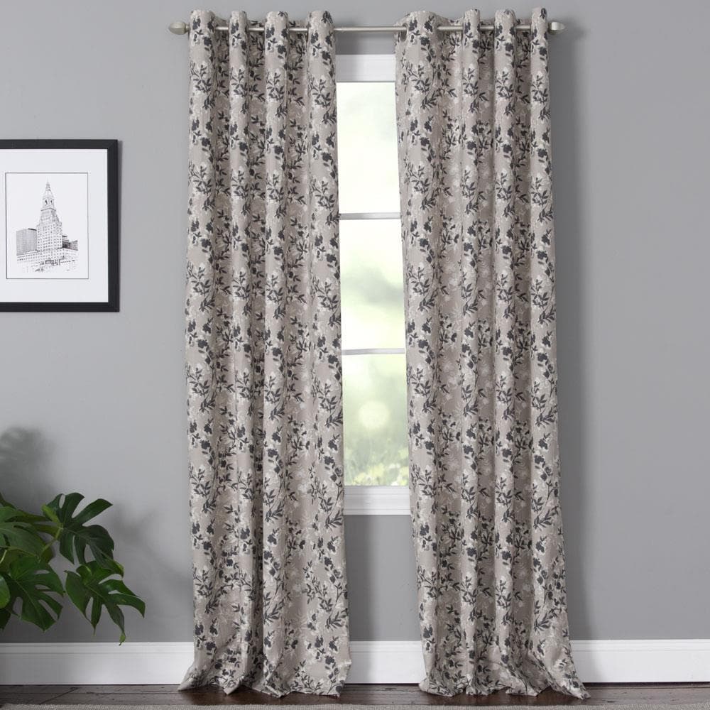 LIVING LOGIC 84-in Taupe Floral Light Filtering Grommet Single Curtain ...