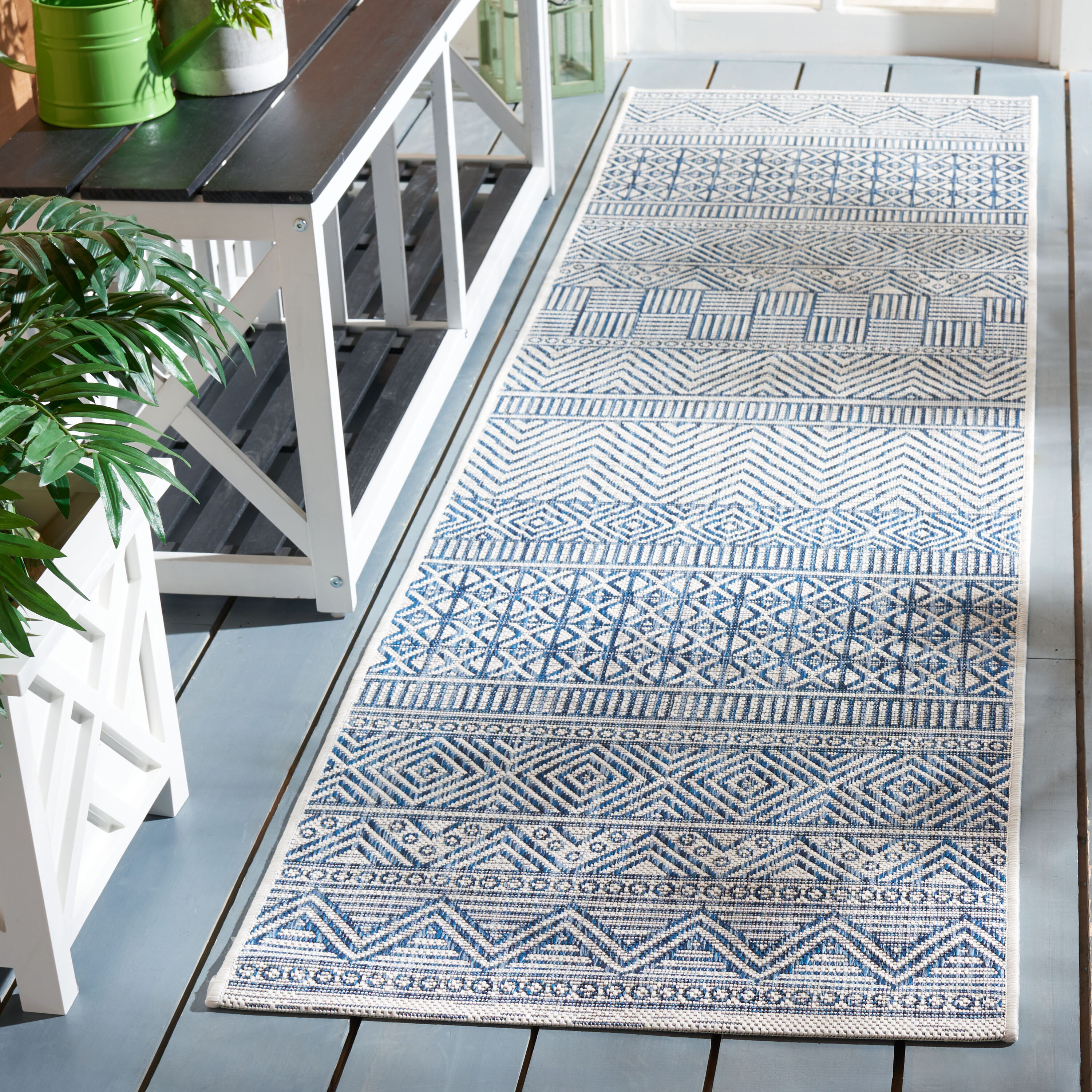 Safavieh Courtyard 2 X 12 Ft Ivorynavy Indooroutdoor Geometric Southwestern Runner Rug In 6988