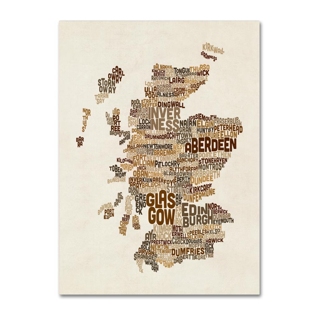 Trademark Fine Art MT0890-C1824GG Scotland Typography Text Map 3 Michael Tompsett Natural Wood Wood Framed 24-Inches H x 18-Inches W Maps Canvas Print