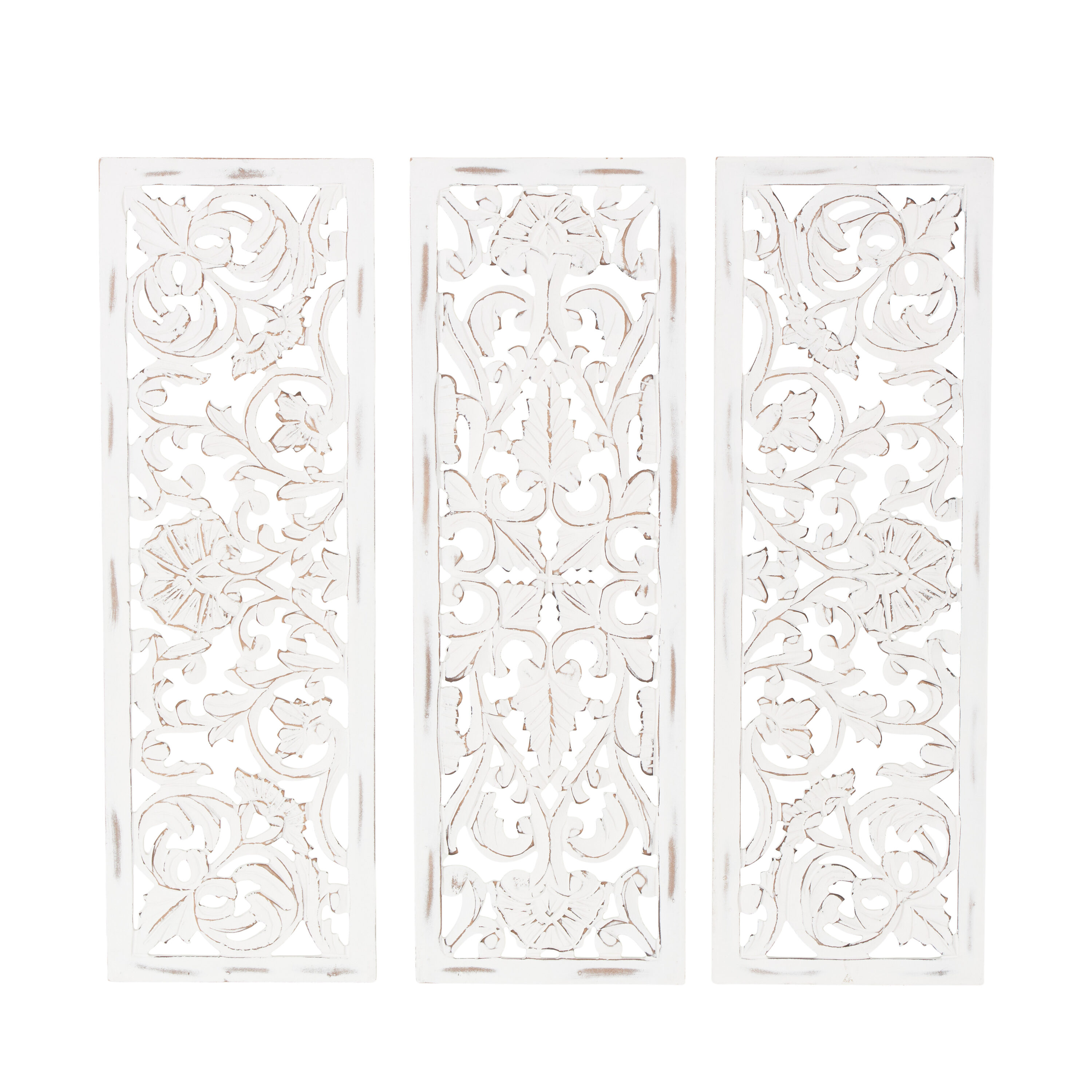 White Distressed Wood Carved Floral Wall Panels Set of 3