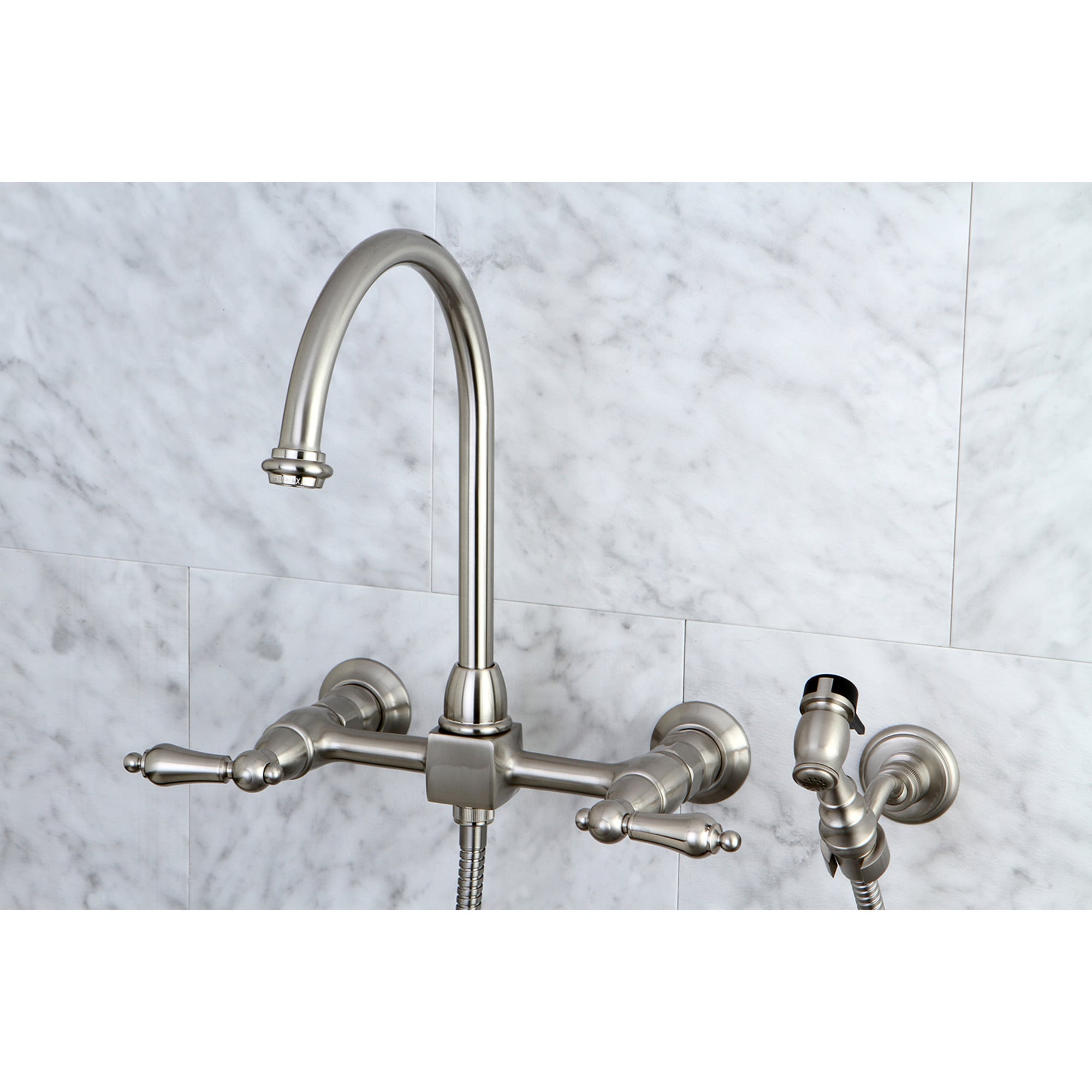 Kingston Brass WLKS1298ALBS Restoration Brushed Nickel Double Handle Wall-mount Kitchen Faucet ( Side Sprayer Included )