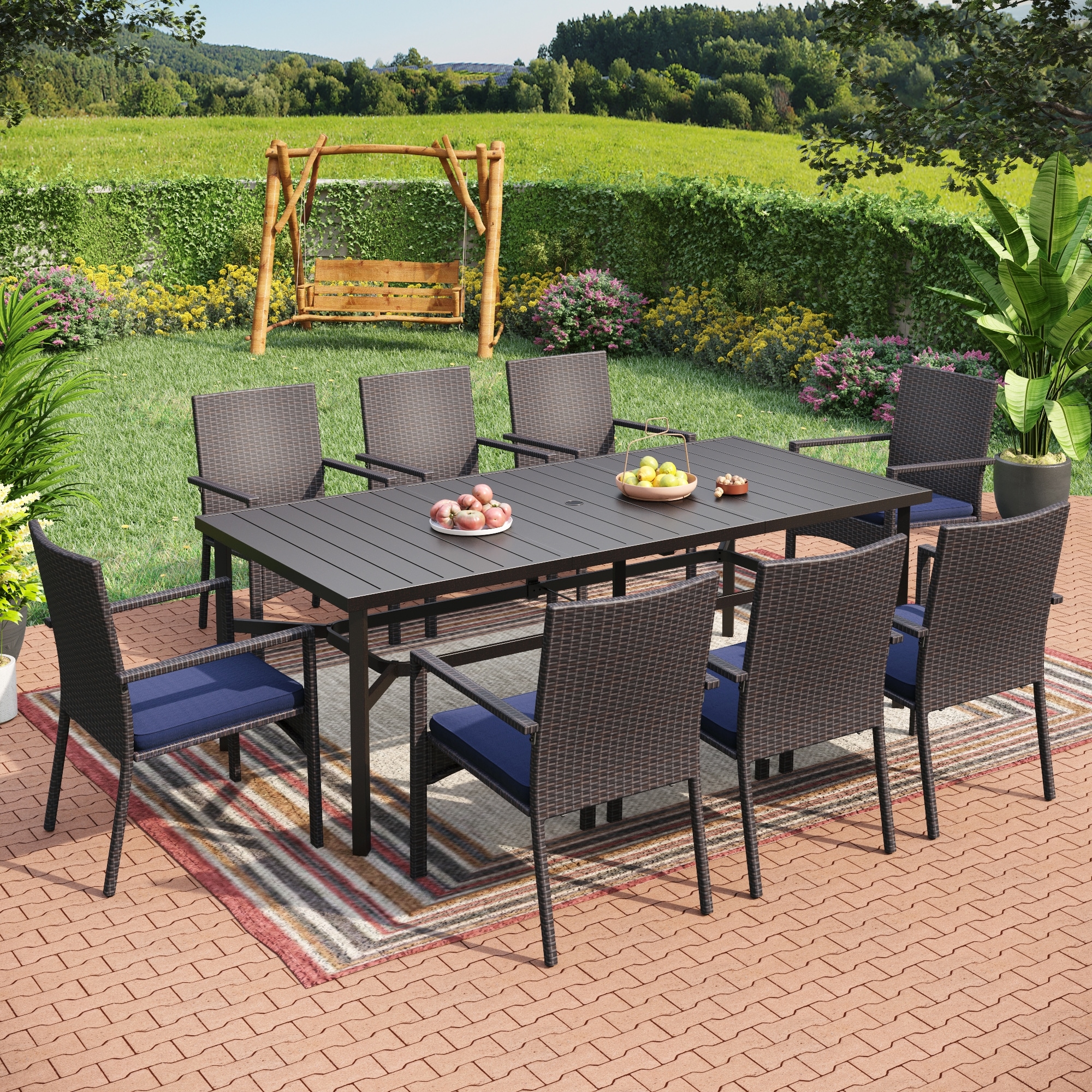 Sunshine Valley TC9-098-305 Outdoor Table and Chairs 9 -Piece Black Rattan Patio Dining Set Steel Rectangle Table with 8 Blue Cushions Stationary Chairs