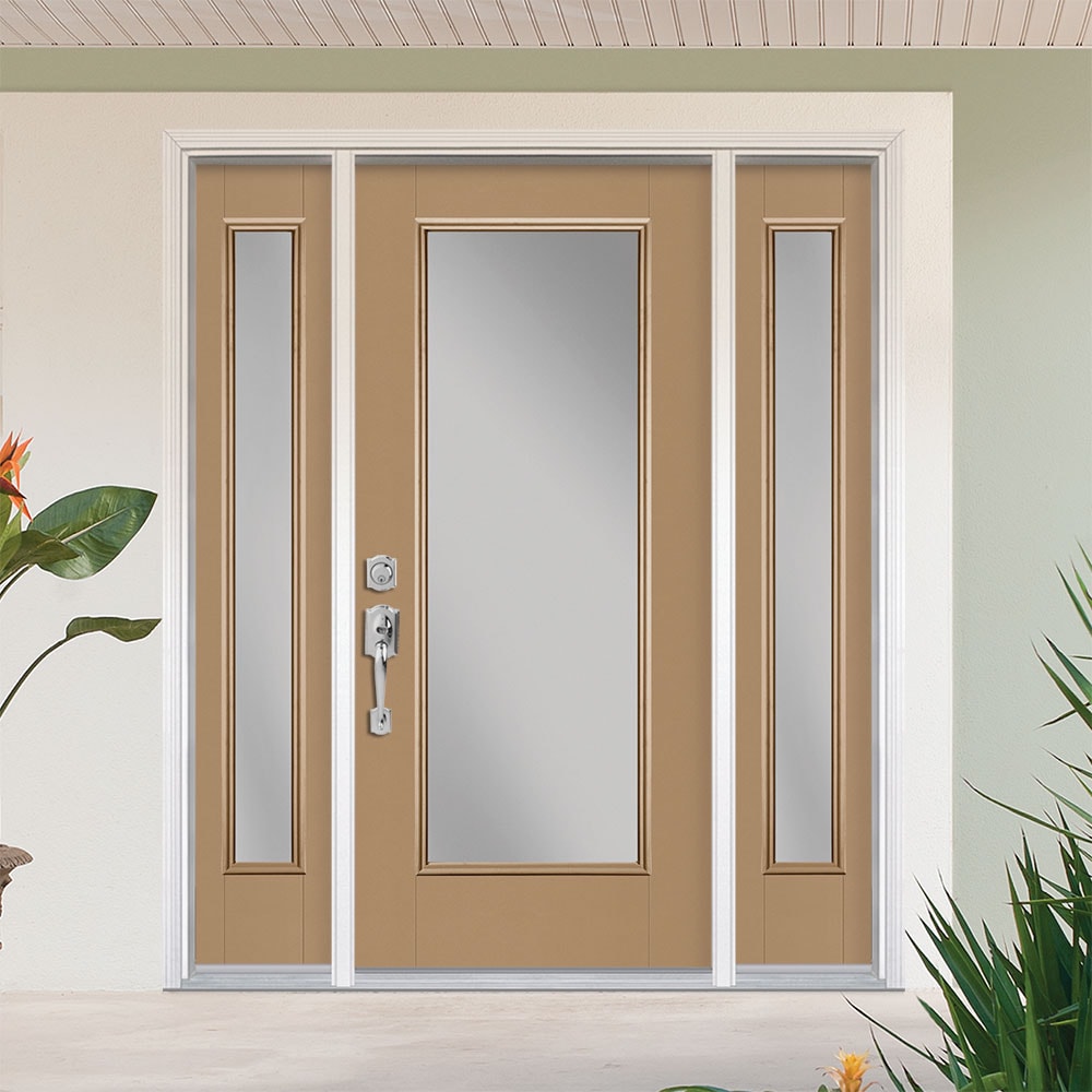 Masonite 1218467 36-in x 80-in x 4-9/16-in Fiberglass Half lite Left-hand inswing Warm Wheat Painted Prehung Front Door with Brickmould Insulating core with Blinds