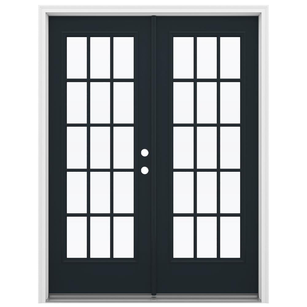 JELD-WEN LOWOLJW235000097 F-3500 60-in x 80-in x 4-9/16-in Jamb Low-E External grilles , Black Fiberglass Left-hand inswing French Double Patio Door Brickmould Included
