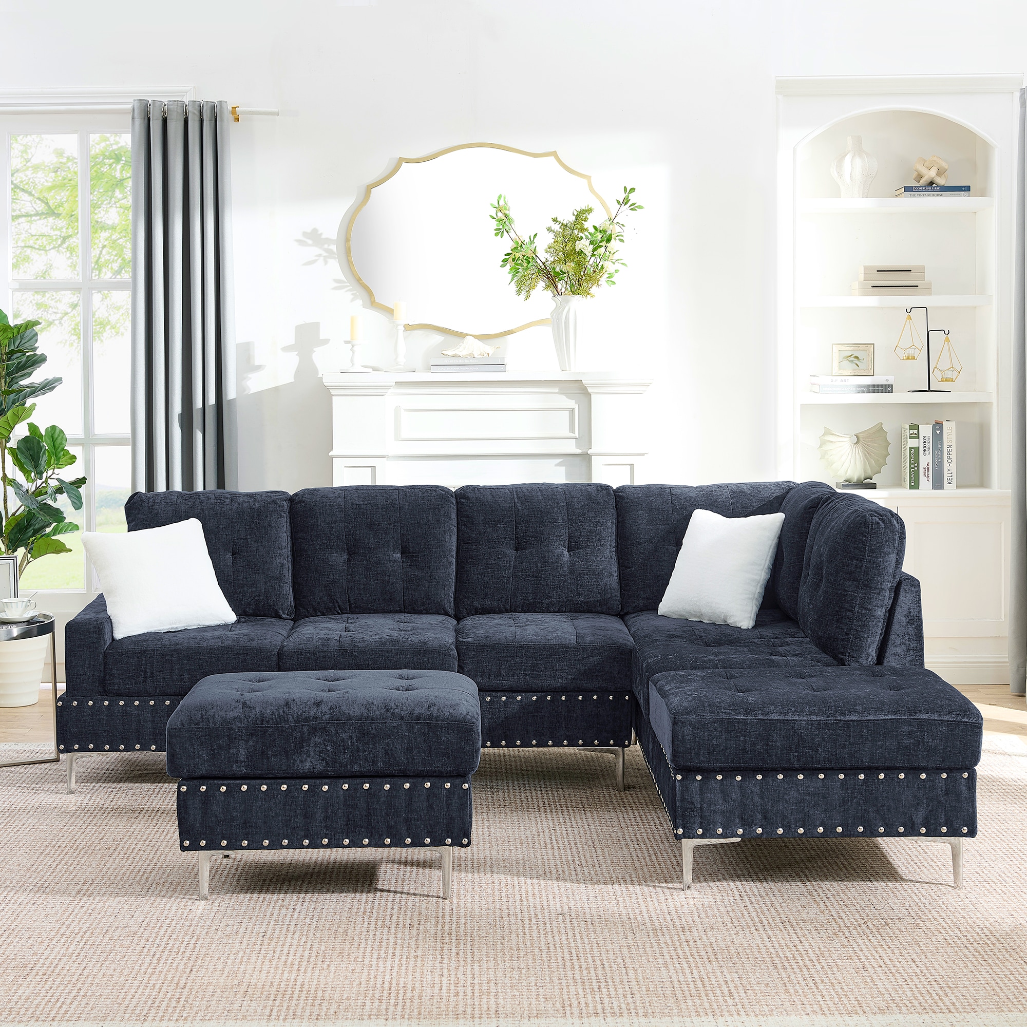 Tinyhomie Sectional 3 Seaters Sofa with Chaise Storage Ottoman Metal ...