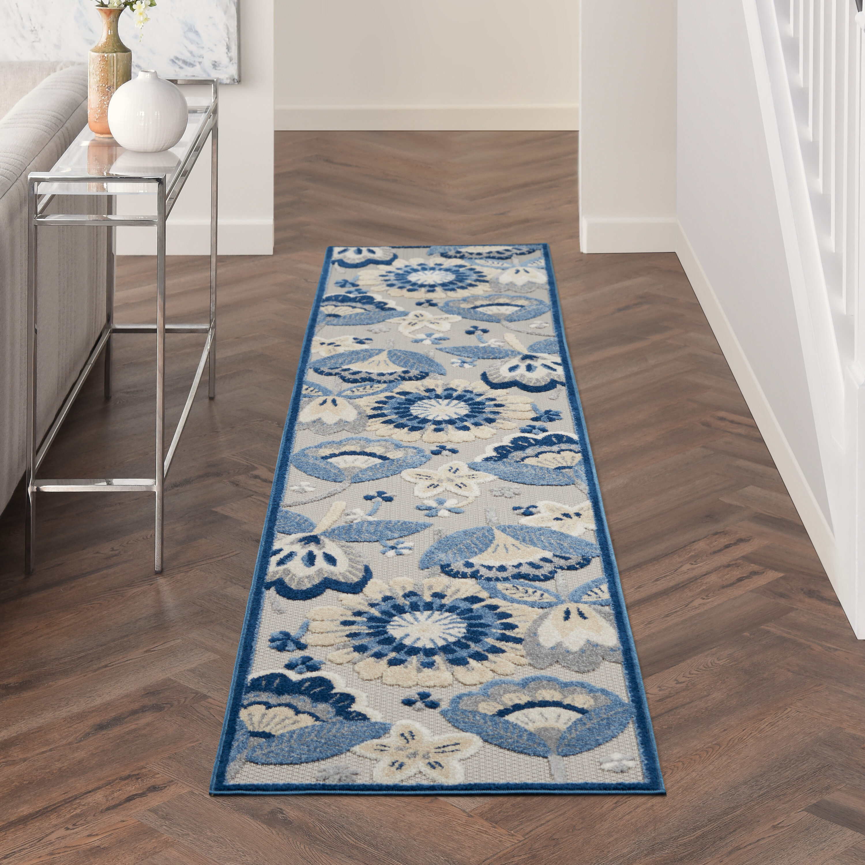 Nourison 99446828835 Aloha 2 x 12 (ft) Loomed Polypropylene Blue/Grey Rectangular Indoor/Outdoor Floral/Botanical Runner rug