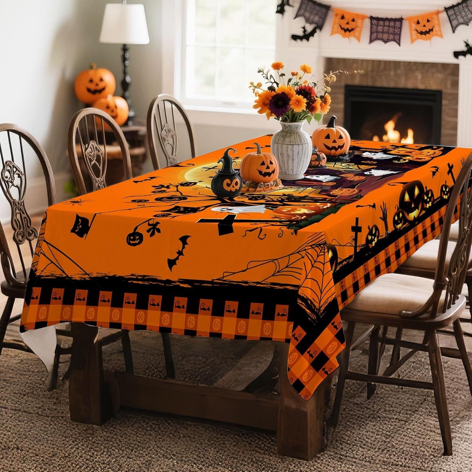 ROSMENA Halloween Tablecloth with Pumpkin Castle Ghost Design for Dining Table