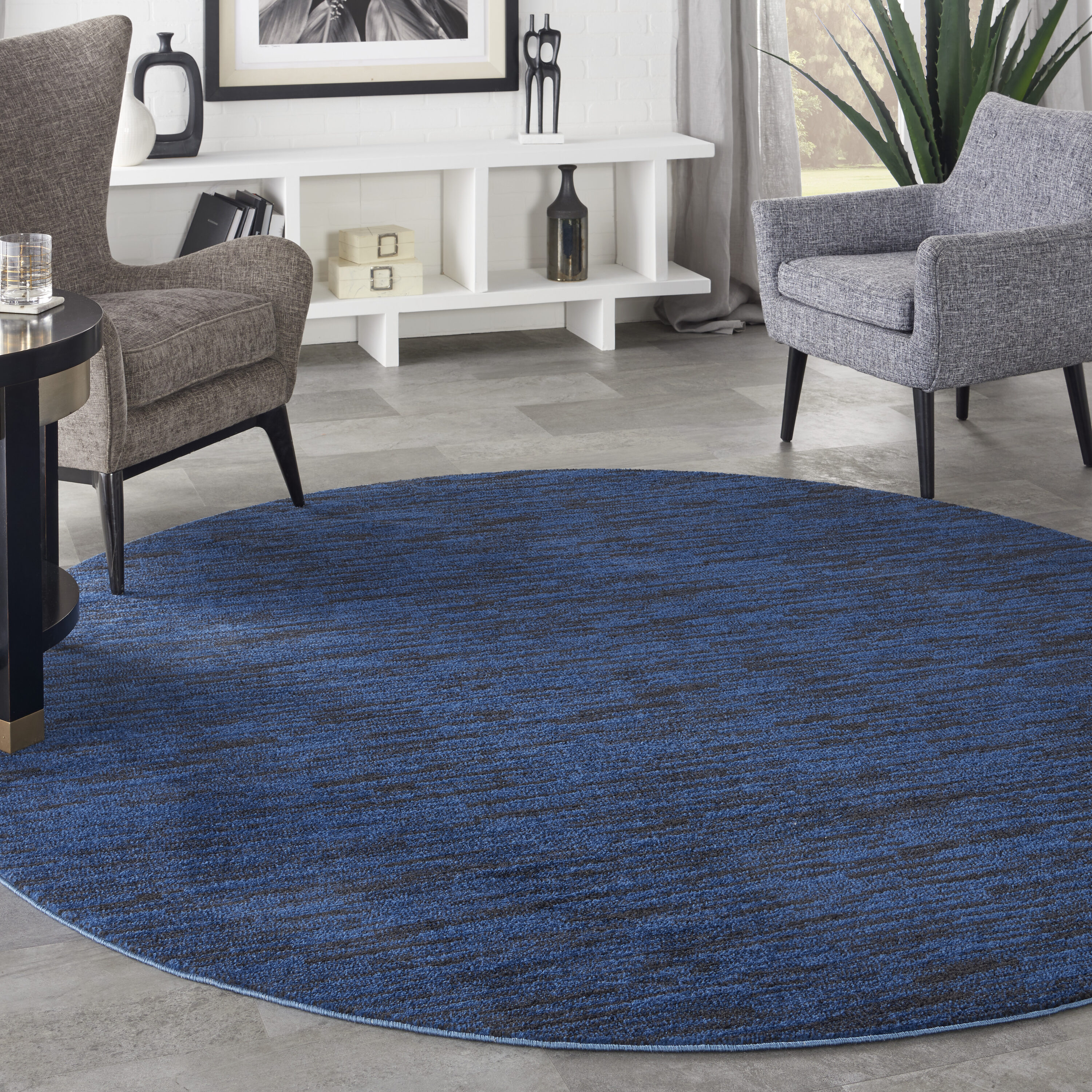 Nourison 099446824332 Essentials 8 x 8 (ft) Loomed Polypropylene Midnight Blue Round Indoor/Outdoor Solid Area rug