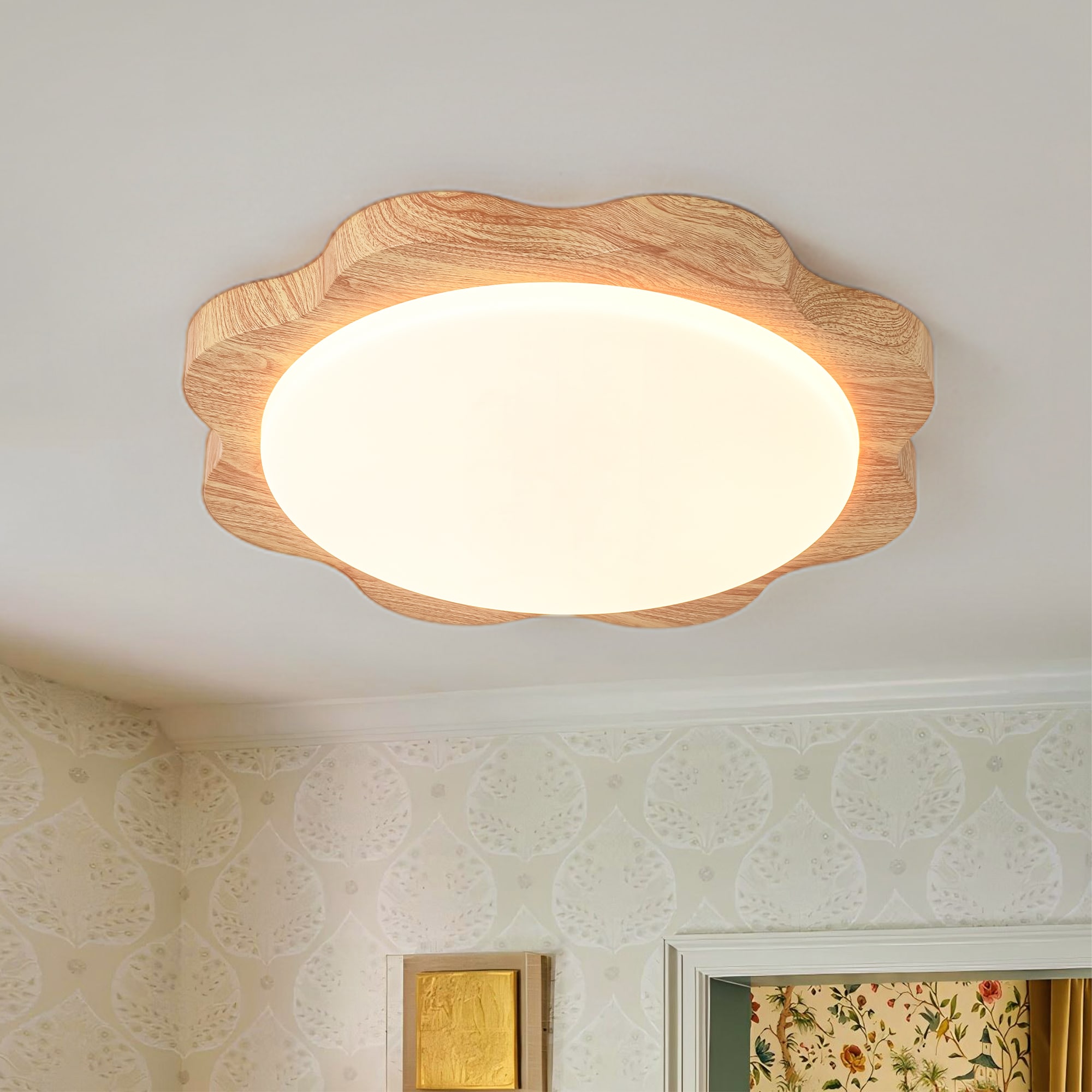 Y'INSP Kerio 19.7-in Wood-Grain Indoor 1 -Light LED Flush Mount Light with Acrylic Shade