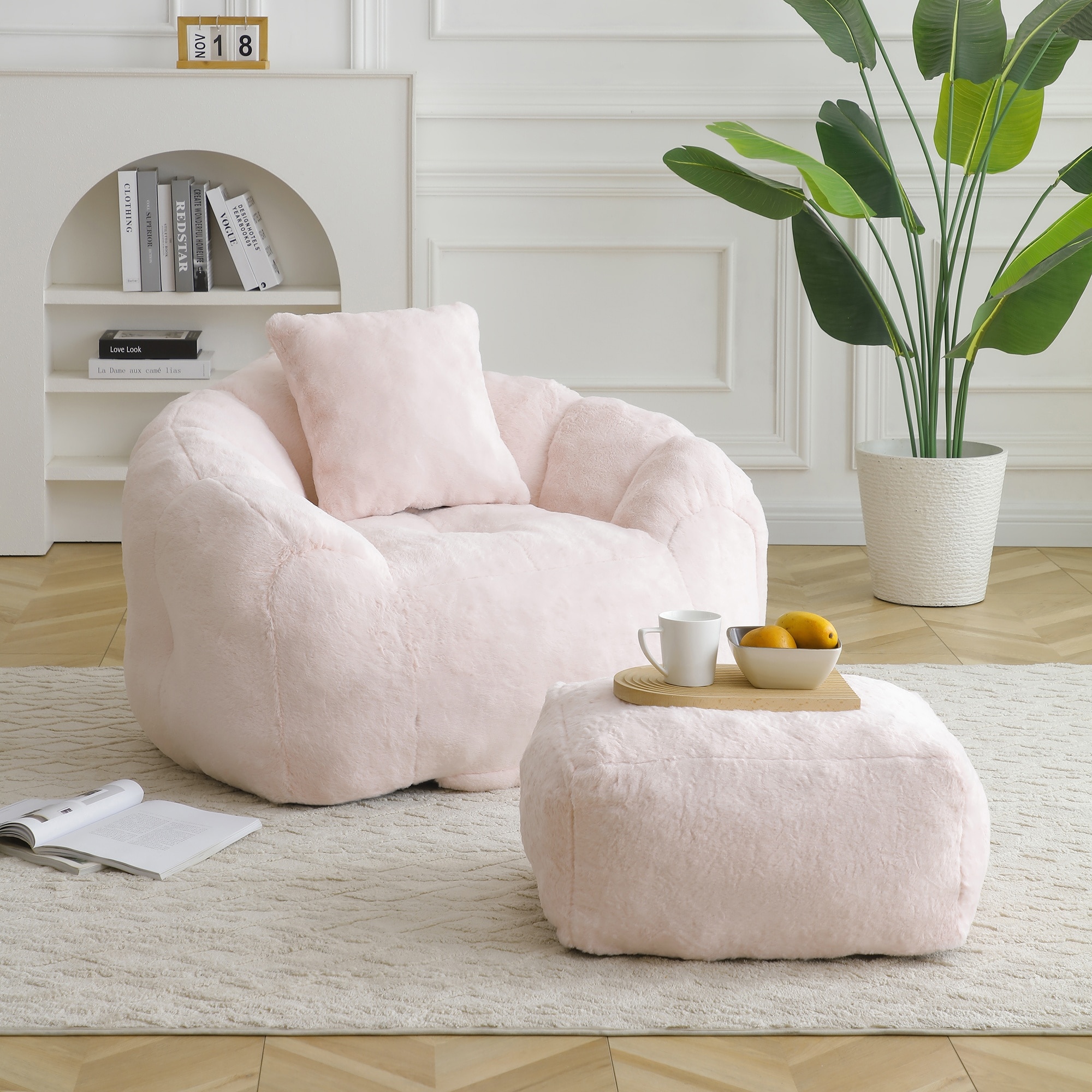 Vorene Oversized Faux Fur Bean Bag Chair with Footstool Gaming Reading ...