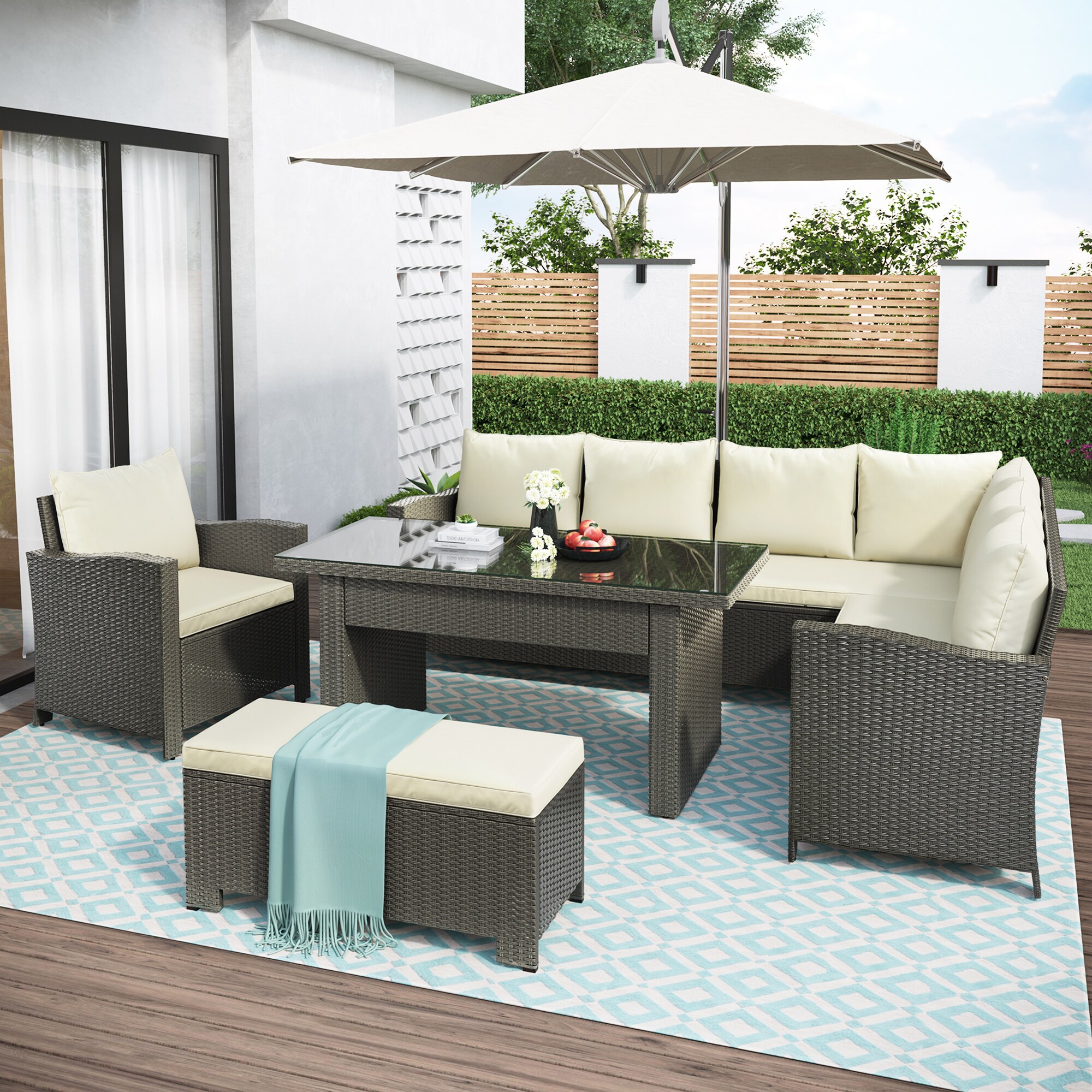 Forclover ALW50-15 6 -Piece Wicker Patio Conversation Set with Off-white Cushions