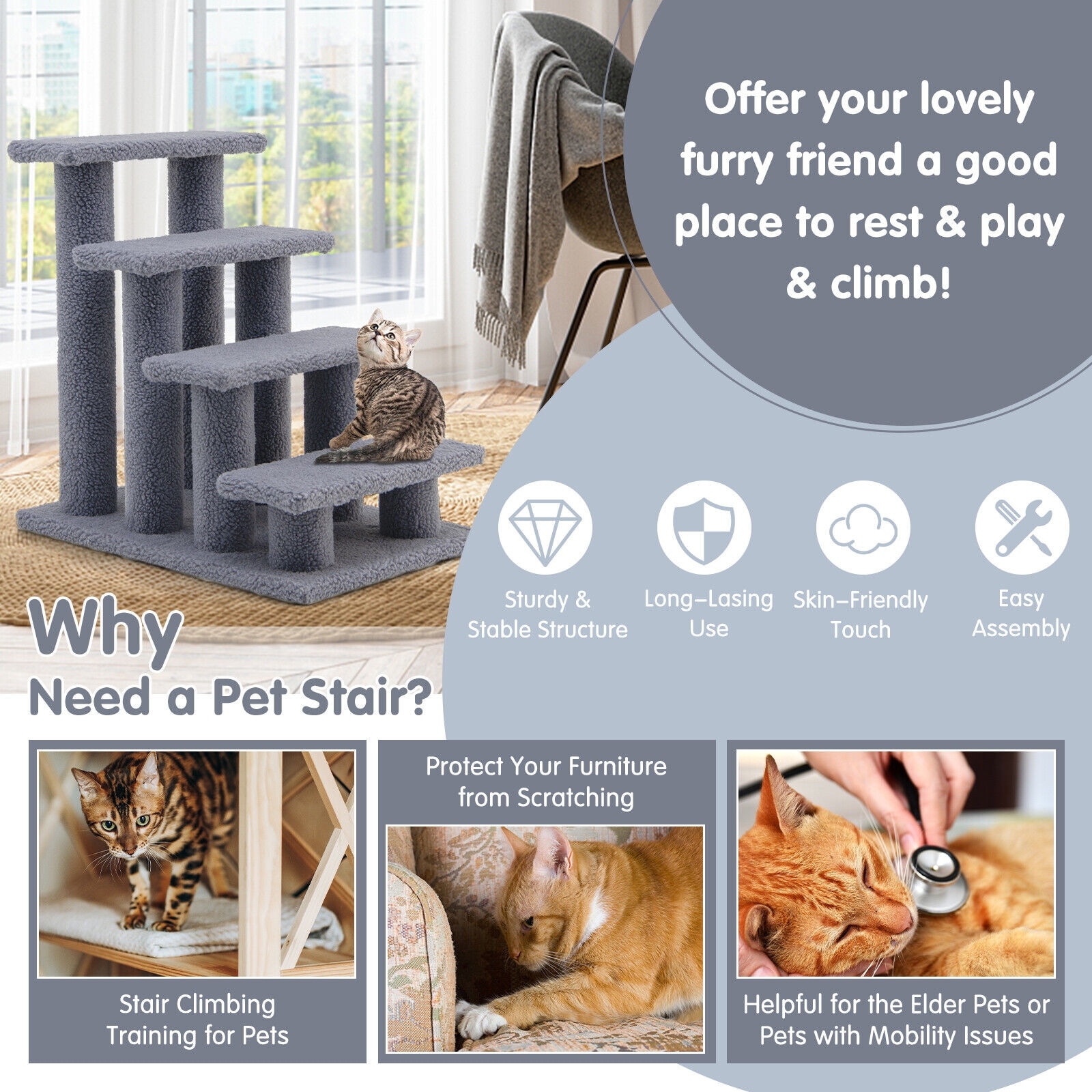 Forclover Gray 4-Step Pet Stairs for Cats, Indoor Use, Sturdy Wood ...