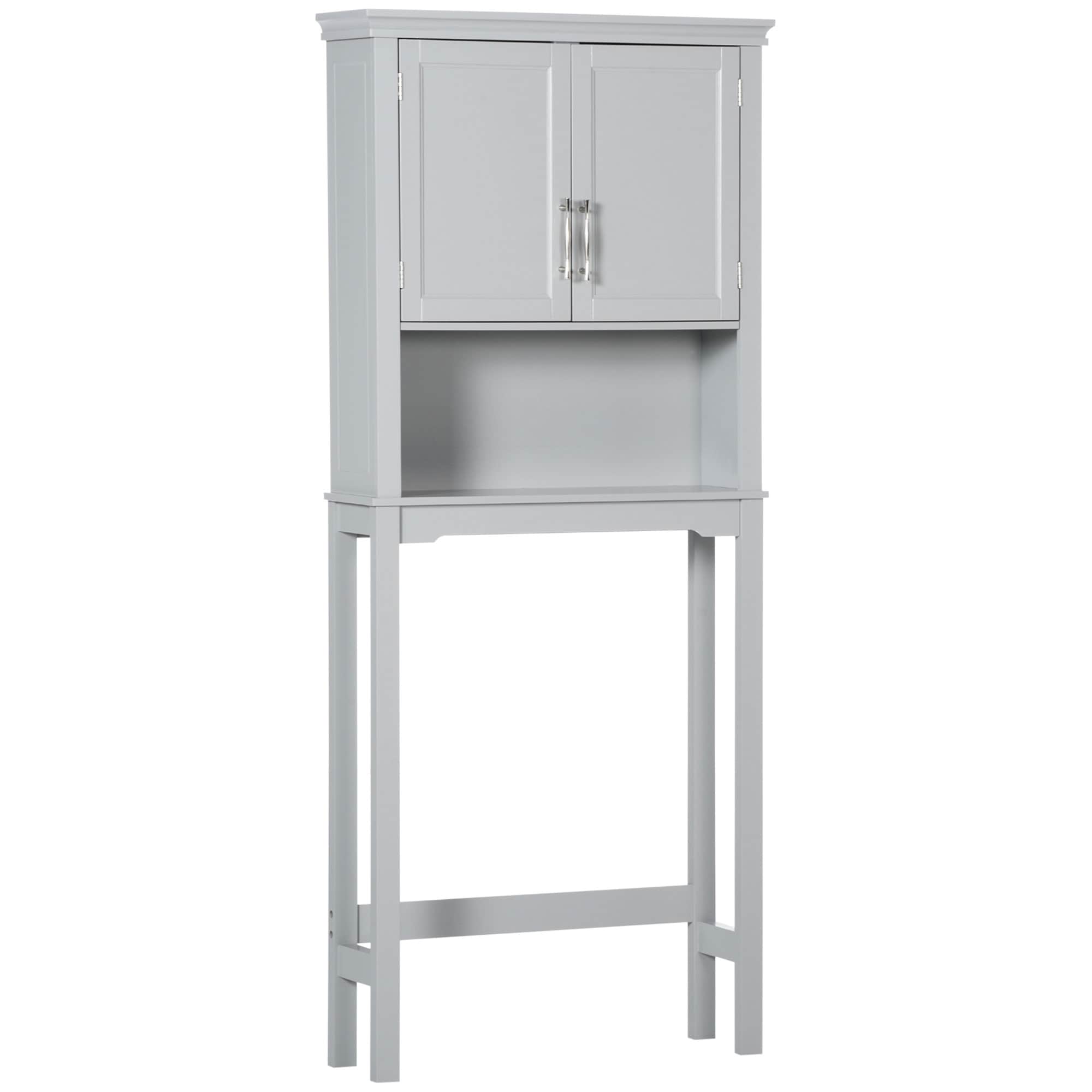 kleankin 834-348V80 Modern Over The Toilet Storage Cabinet Double Door Bathroom Organizer with Inner Adjustable Shelf and Open Shelf Grey