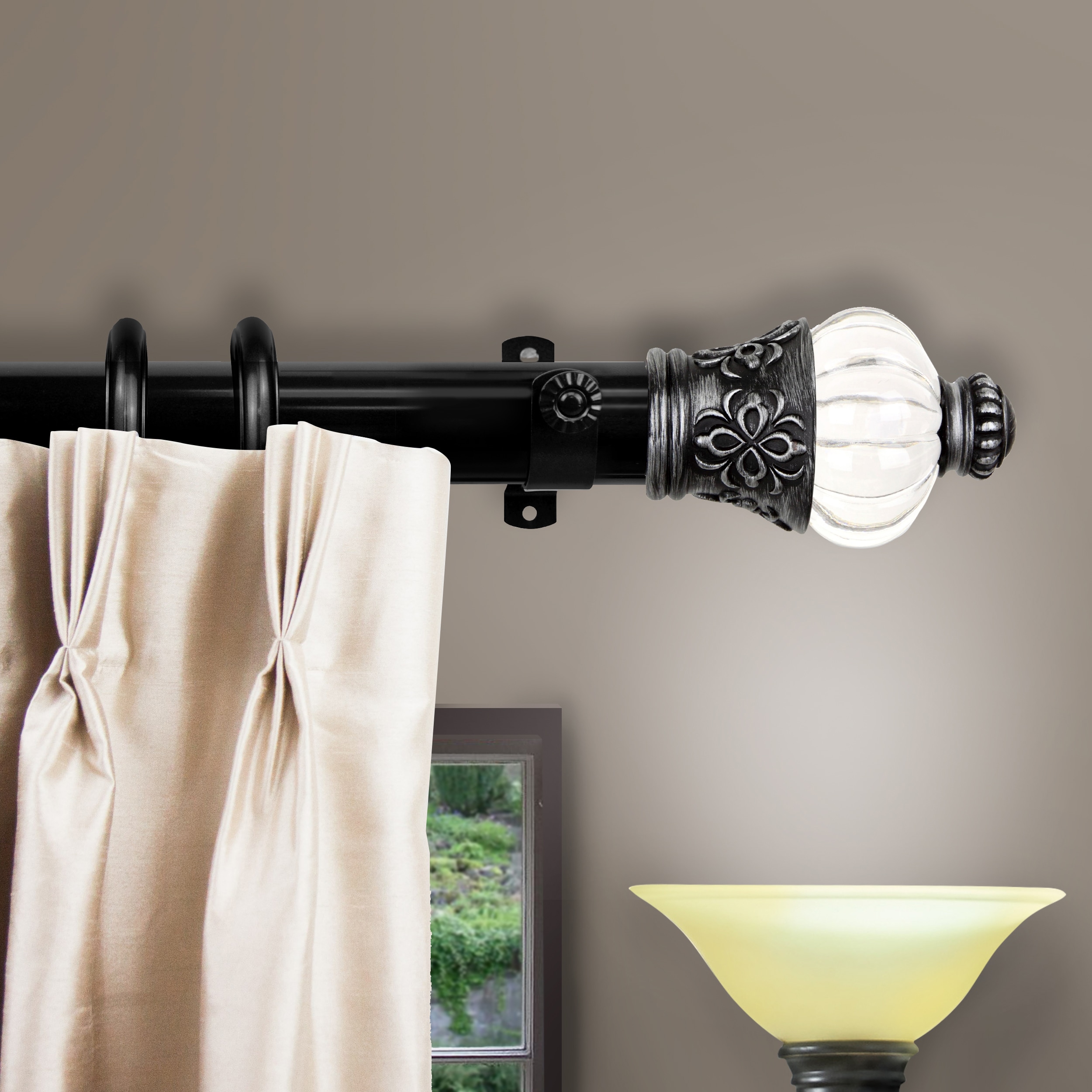 Hart & Harlow L-DTR-50-302 30-in to 48-in Black Steel Traverse curtain rod with Finials