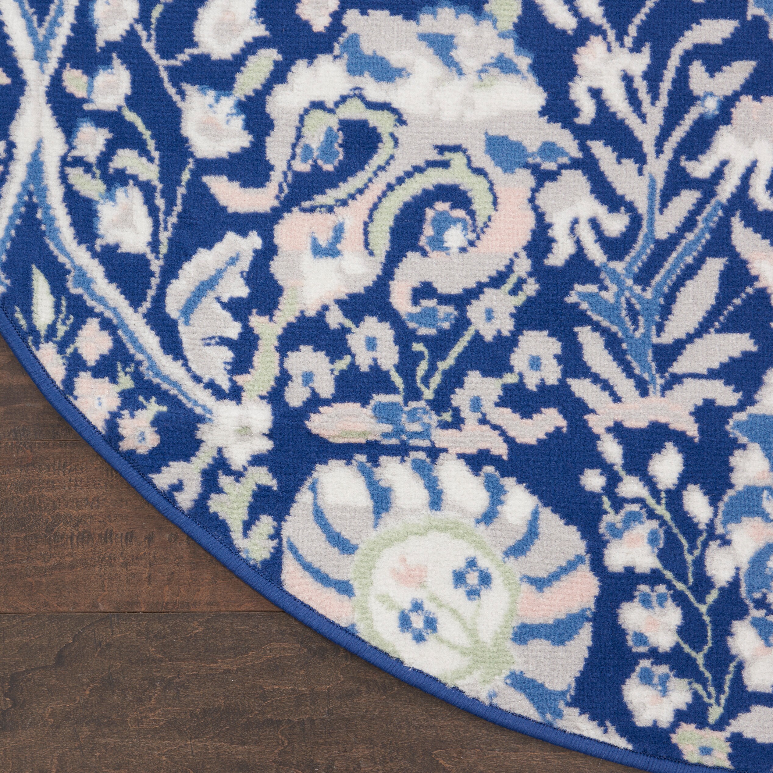 Navy Multicolor Floral Round 8' Synthetic Area Rug