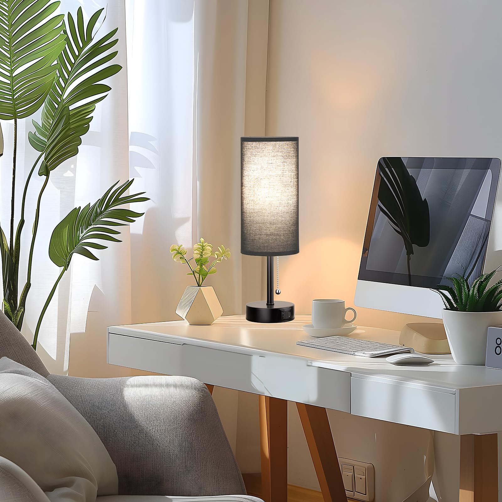 IUEST Black Bedside Lamps Set of 2 with USB Charging Port Pull Chain ...
