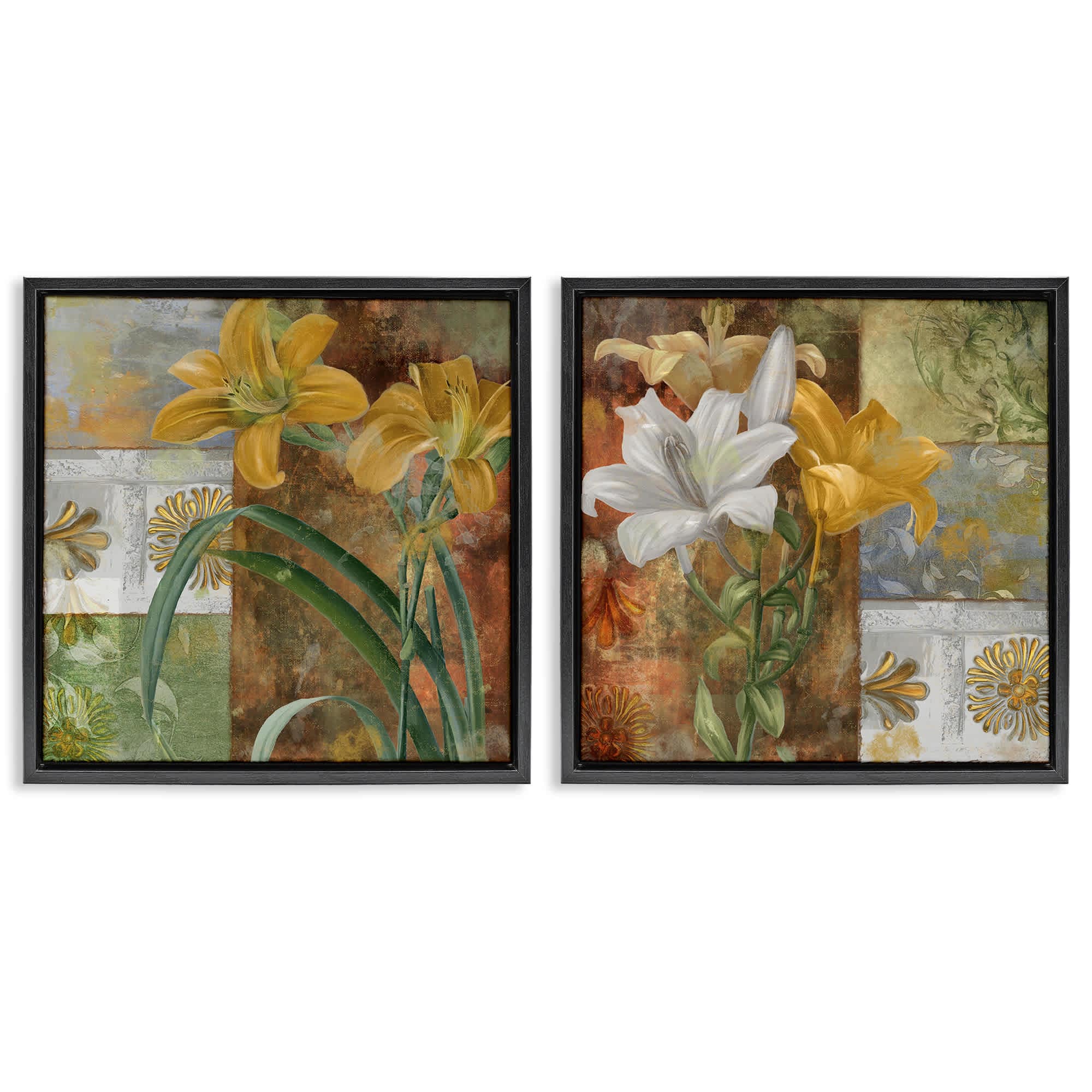 Stupell Industries B2-809-FFB-2PC-24X24 Lilies and Vintage Tile Patterns 2 Piece Black Framed Floater Canvas Set By Sasha 25 x 25