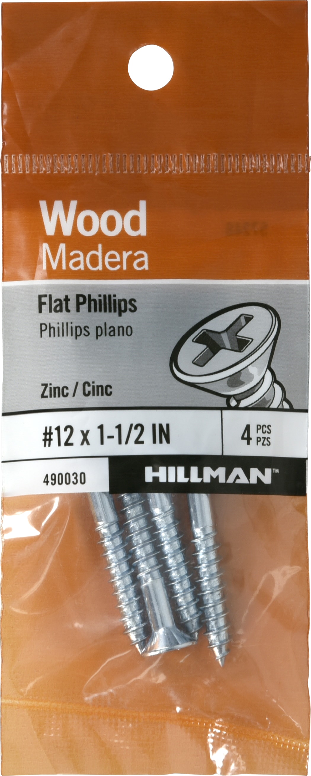 Hillman 490030 #12 x 1-1/2-in Zinc-plated Interior Wood screws ( 4 -Per Box )