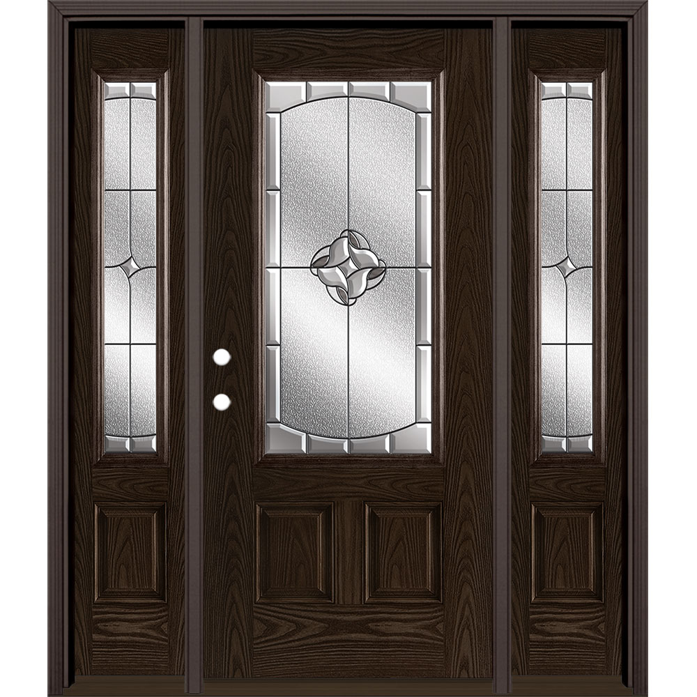 Masonite 3422830 Rozet 60-in x 80-in x 4-9/16-in Fiberglass 3/4 Lite Right-Hand Inswing Walnut Stained Prehung Front Door with Sidelights with Brickmould Insulating Core