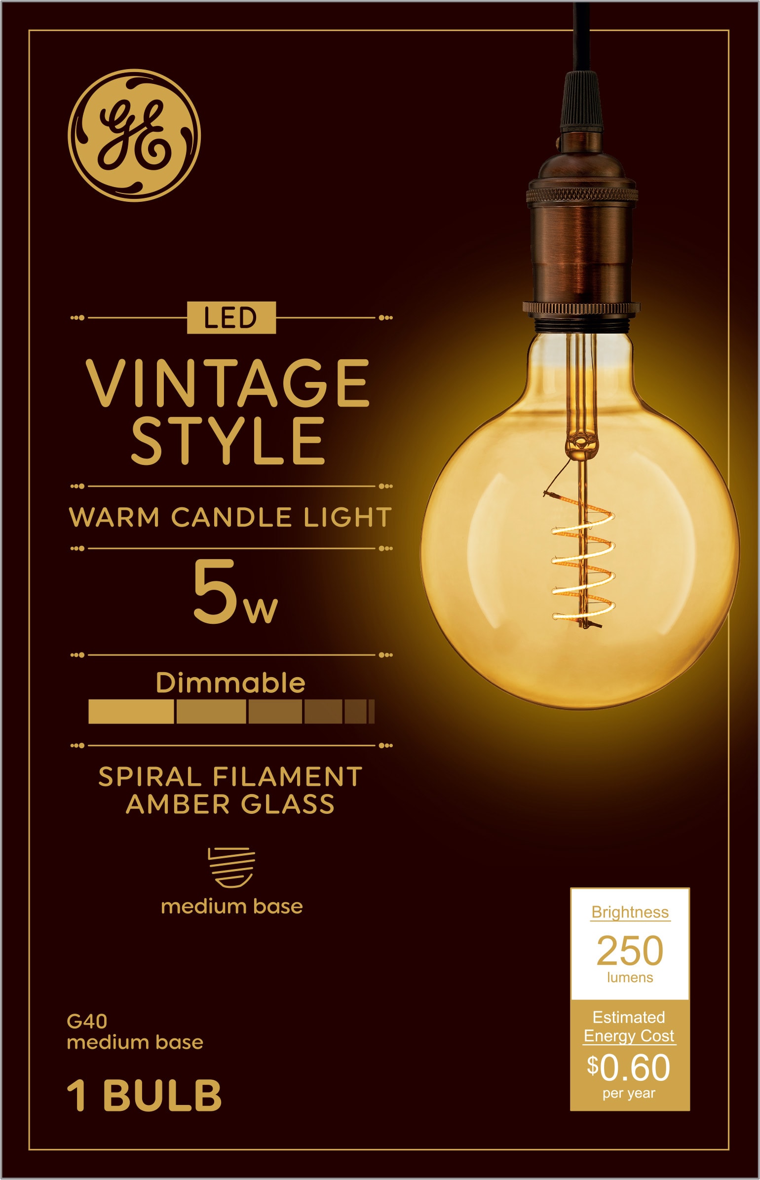 Globe Electric Ampoule Vintage Edison G40 60 watt, couleur edison antique