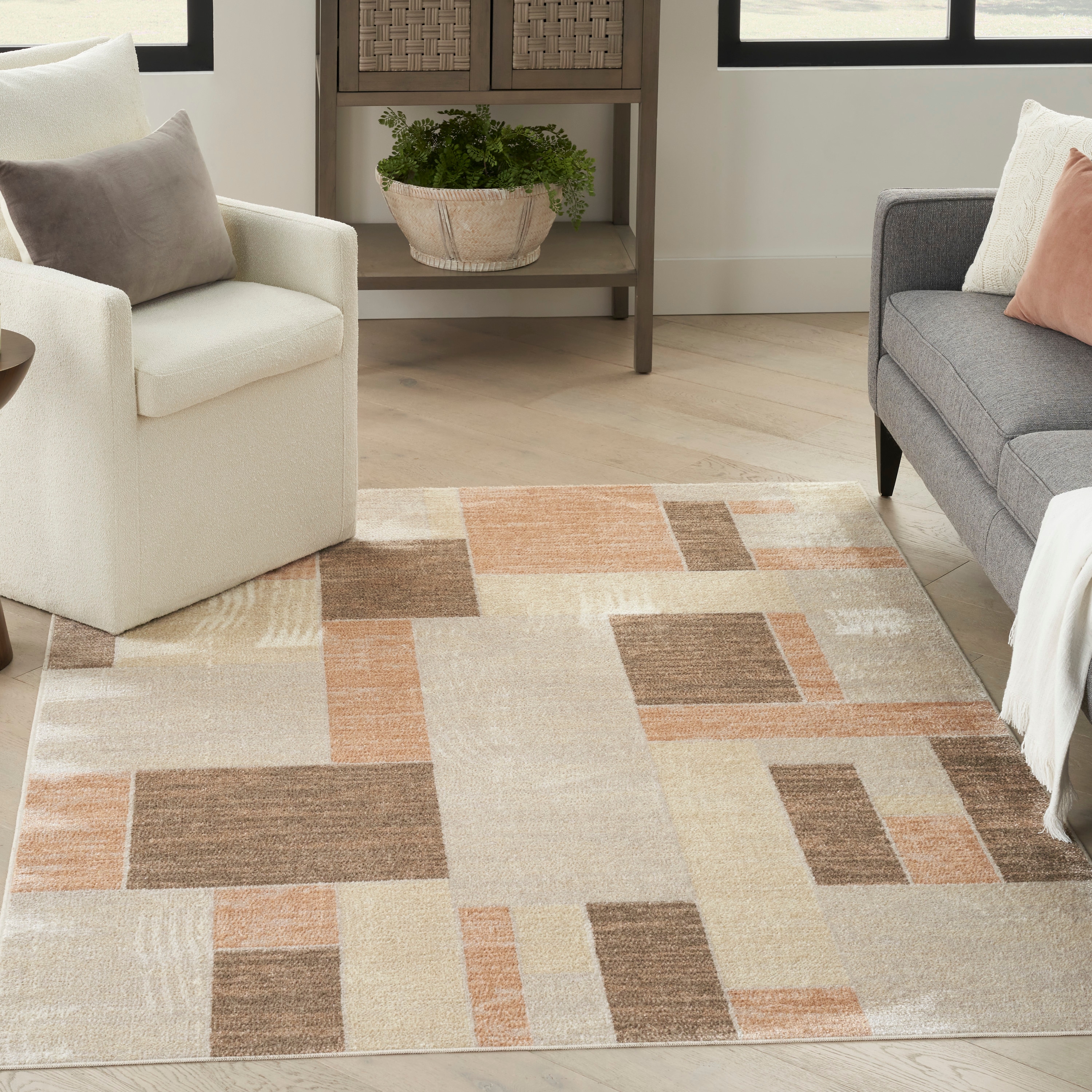 Nourison Home 099446944337 Astra Machine Washable 5 x 7 (ft) Loomed Polyester Beige Multicolor Rectangular Indoor Geometric Mid-Century Modern Machine washable Area rug