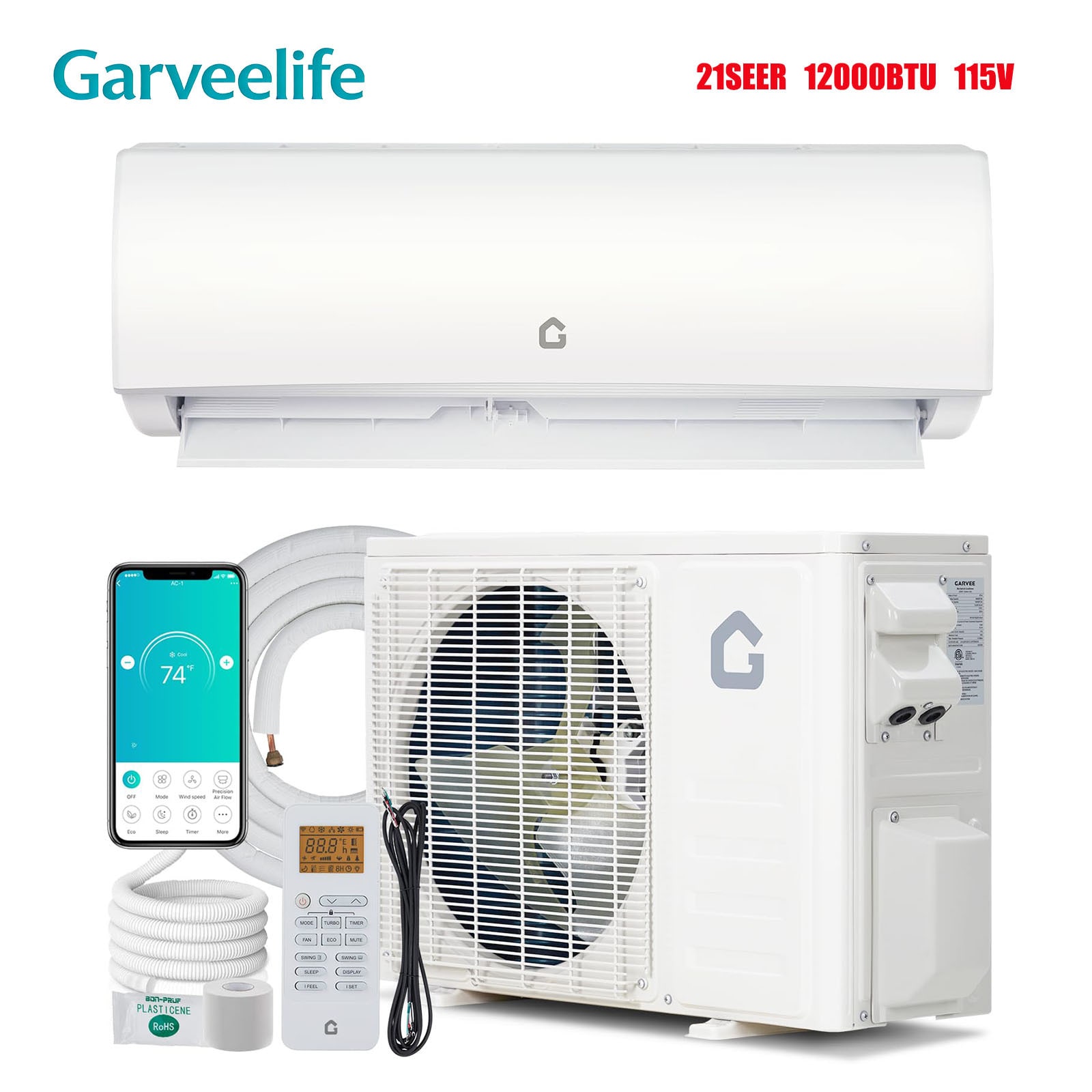 GarveeLife 21 SEER2 12000 BTU Mini Ductless Split Air Conditioner with Heating System 115V Inverter AC for Up to 750 Sq ft