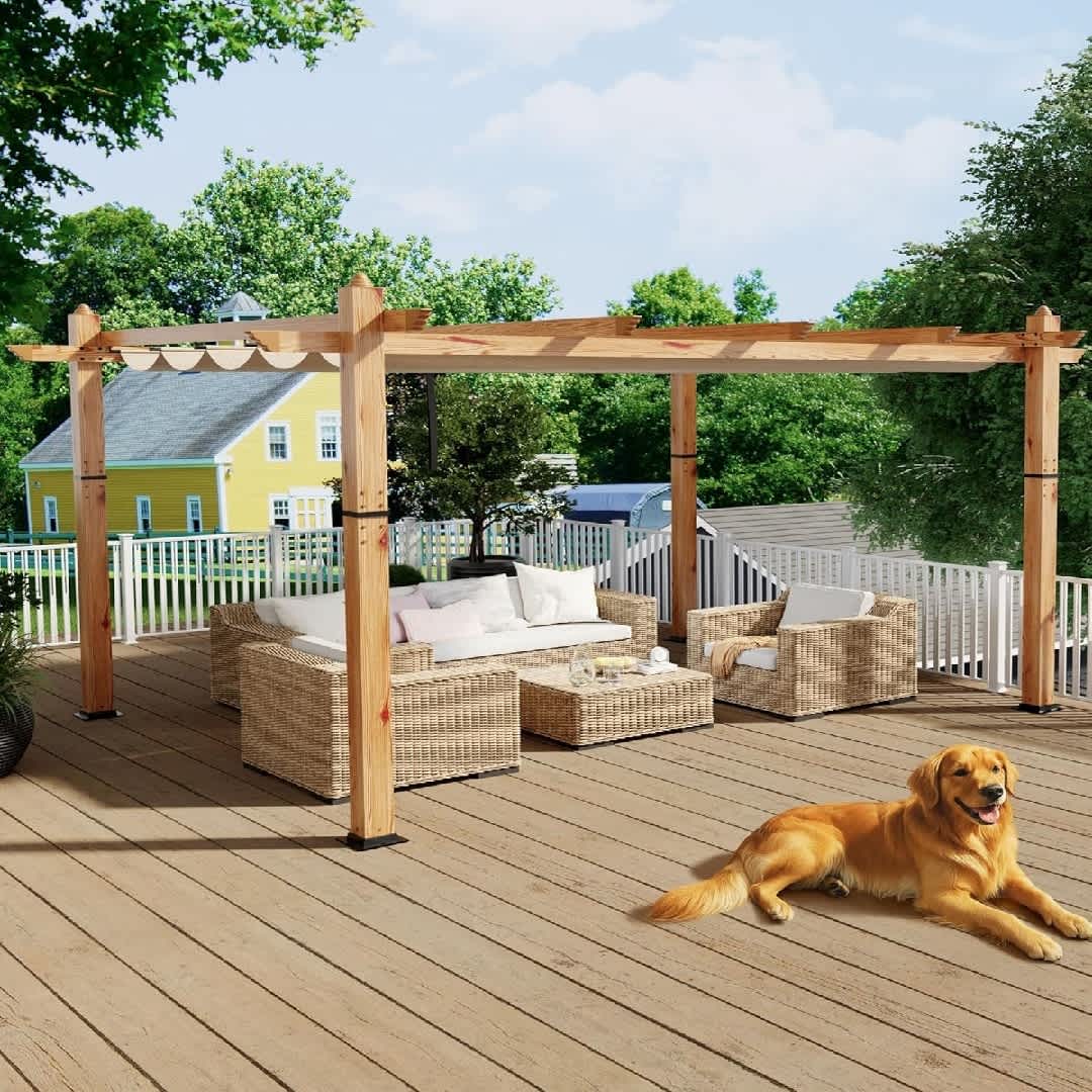 Garvee 10X13 Pergola Retractable Canopy Wood Grain Aluminum Frame Structure for Backyard Deck Porch Patio