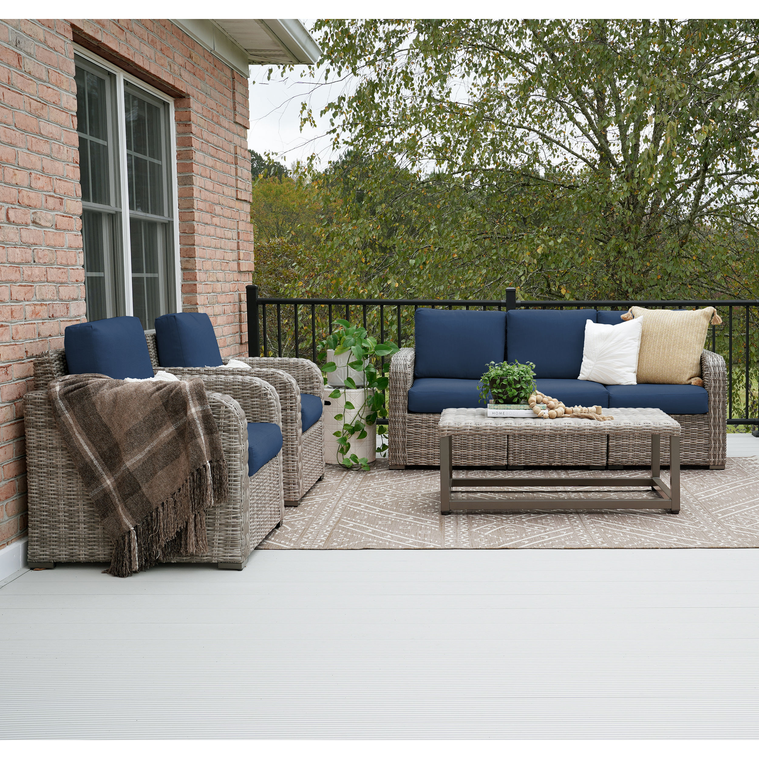 Leisure Made 471082-NVY Forsyth 6-Piece Wicker Patio Sofa Conversation Set with Blue Cushions