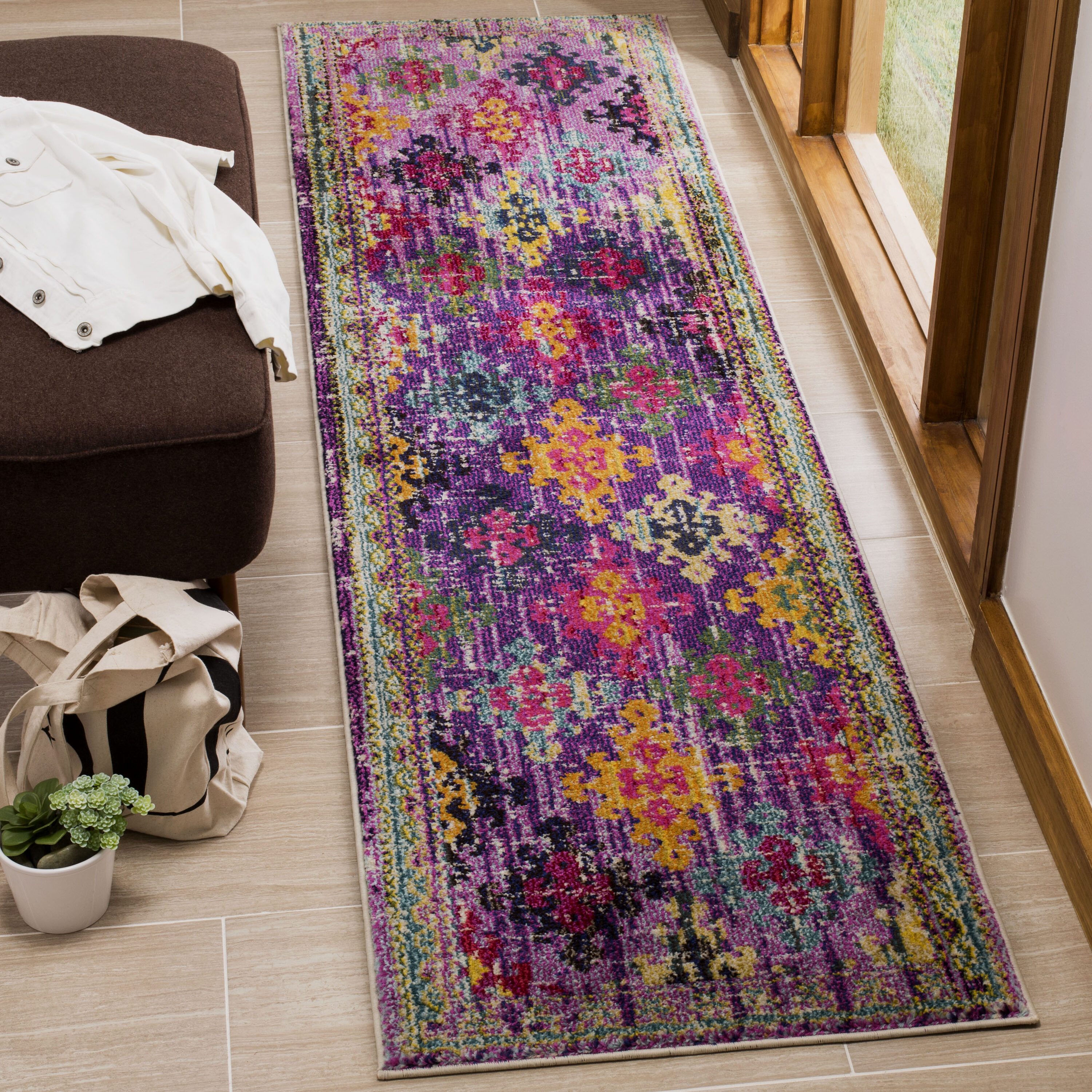 Safavieh MNC244P-28 Monaco Sonia 2 x 8 (ft) Loomed Polypropylene Purple/Multi Rectangular Indoor Distressed/Overdyed Bohemian/Eclectic Runner rug