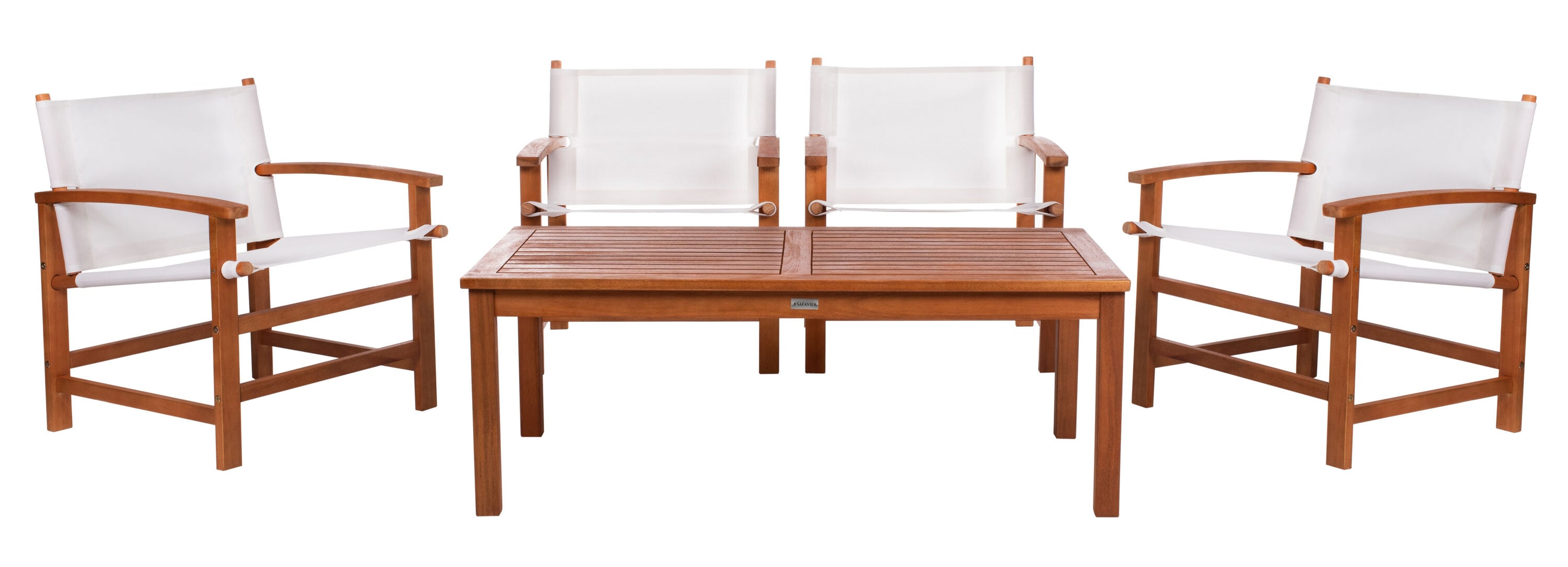 Natural Eucalyptus Wood Outdoor Dining Set with Beige Armchairs