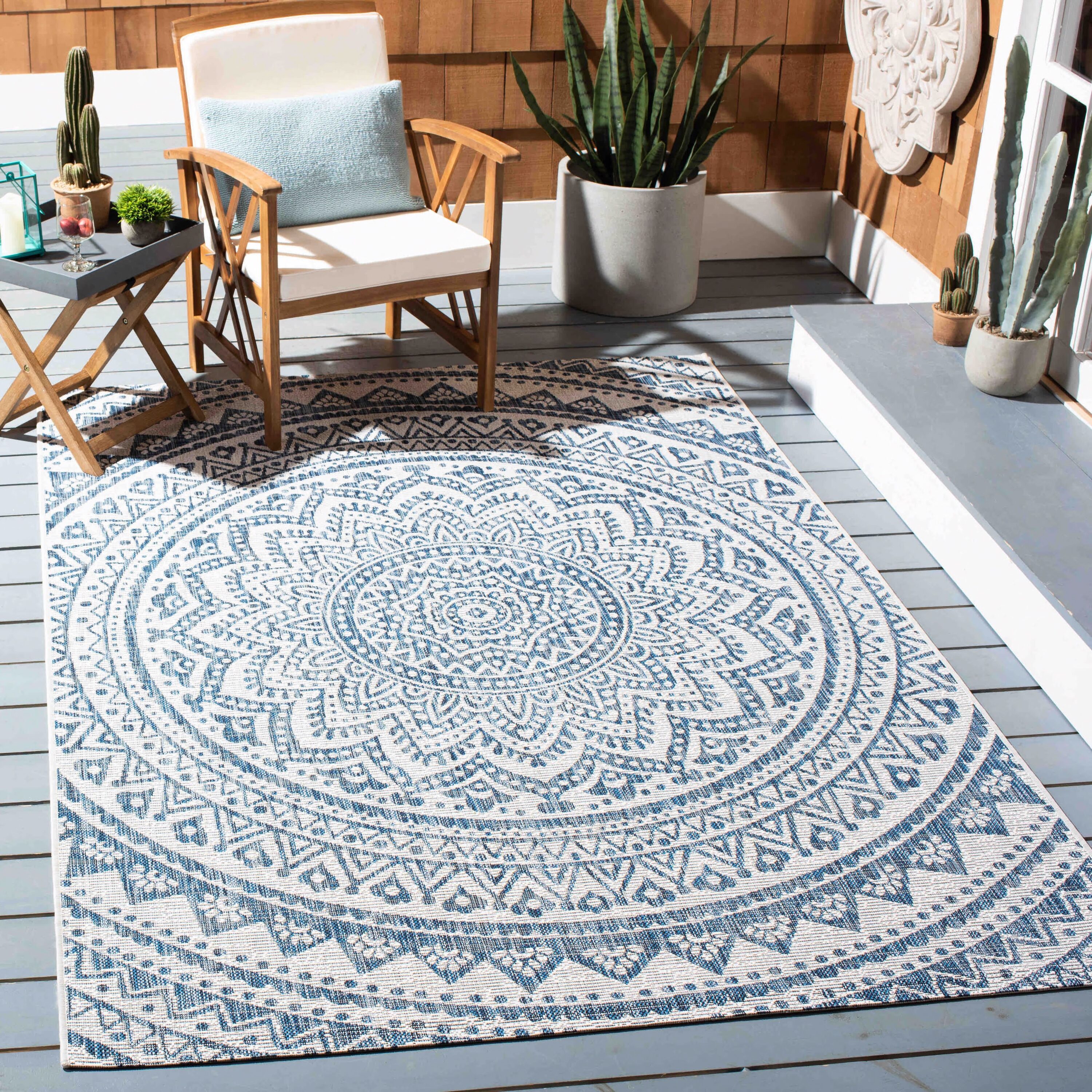 Safavieh CY8734-53412-9 Courtyard 9 x 12 (ft) Loomed Synthetic Ivory/Navy Rectangular Indoor/Outdoor Medallion Area rug