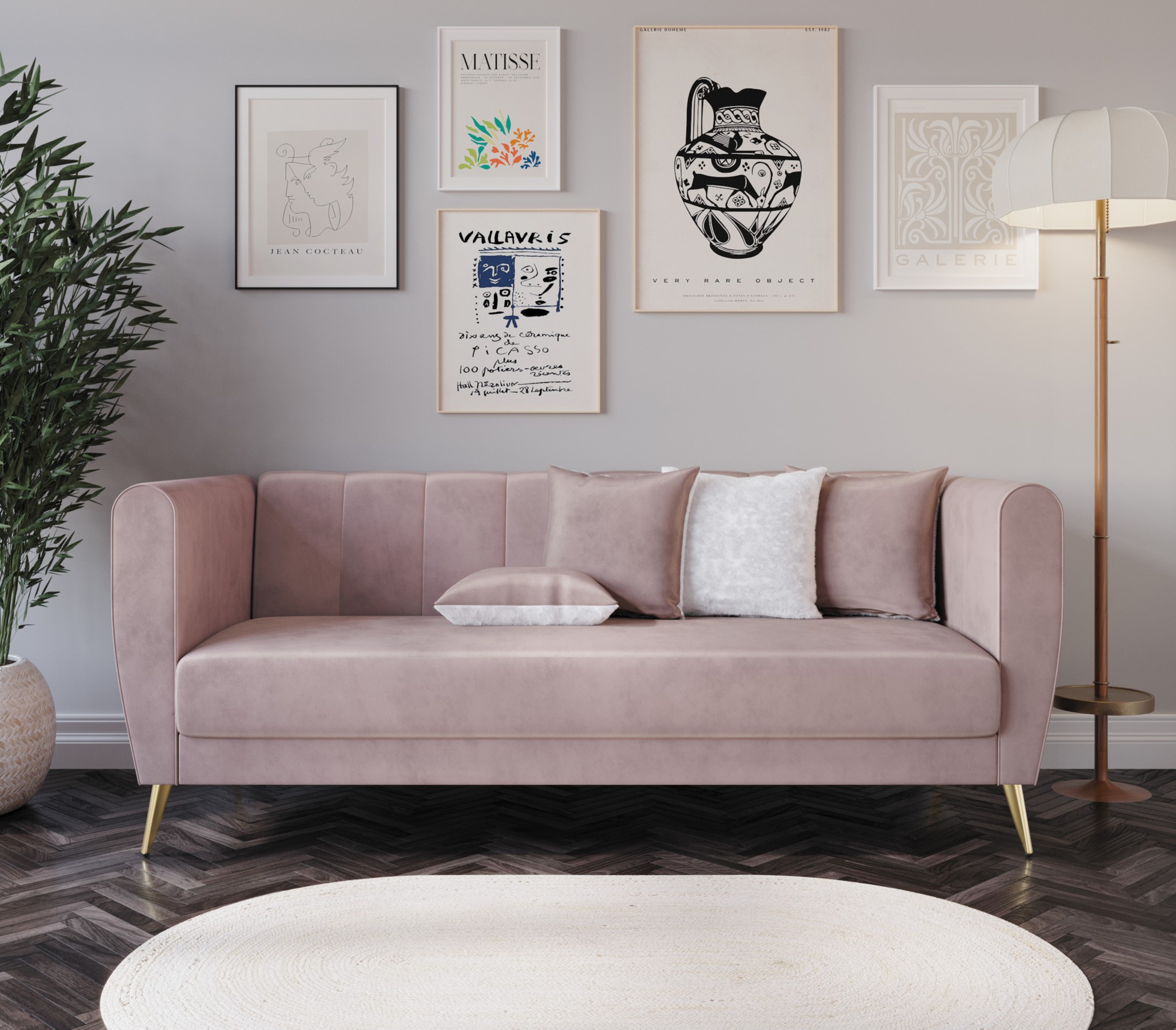 Home Design 30016-331 72-in Modern Pink Velvet 3 -seater Sofa