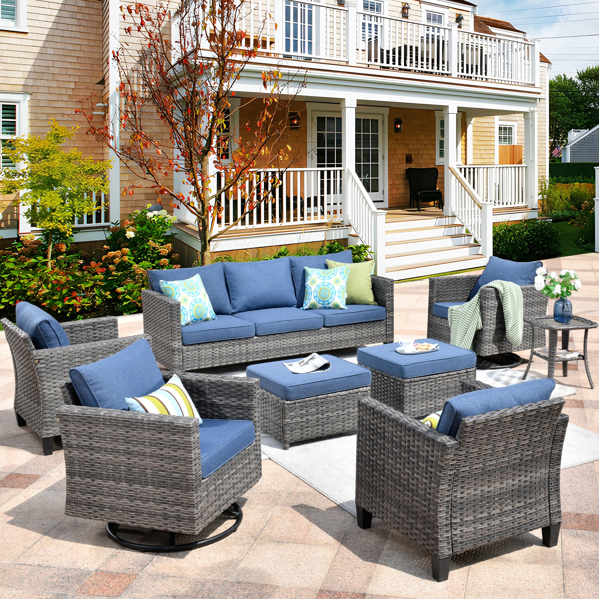 XIZZI Lullaby 8-Piece Rattan Patio Conversation Set with Blue Cushions