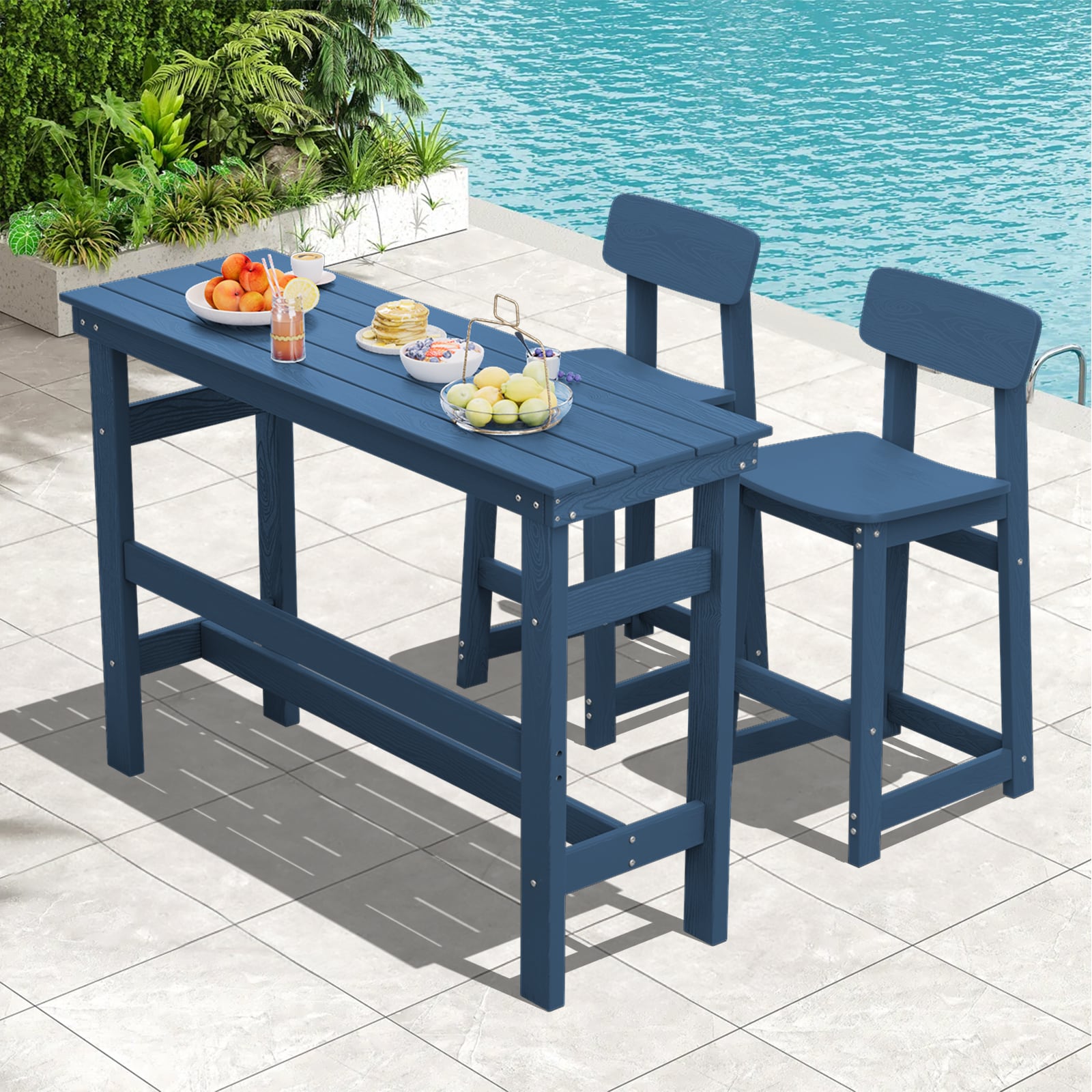 Serwall LS-GBMD3JT-NY 3-Piece HDPE Counter Height Table and Chair Set with Space-Saving Design