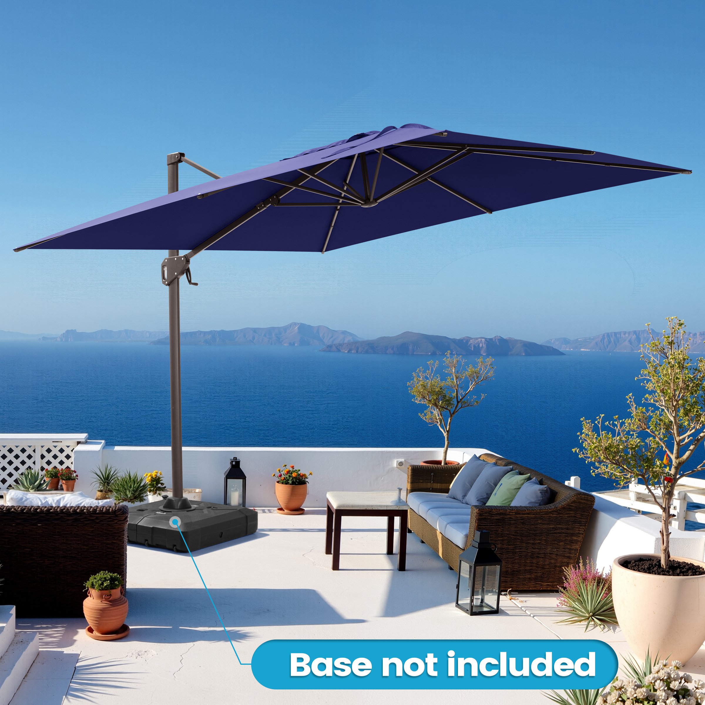 9 patio umbrella base The Cobden 9' Round Outdoor Umbrella with Felix Wicker Base Side Table by Jake Arnold