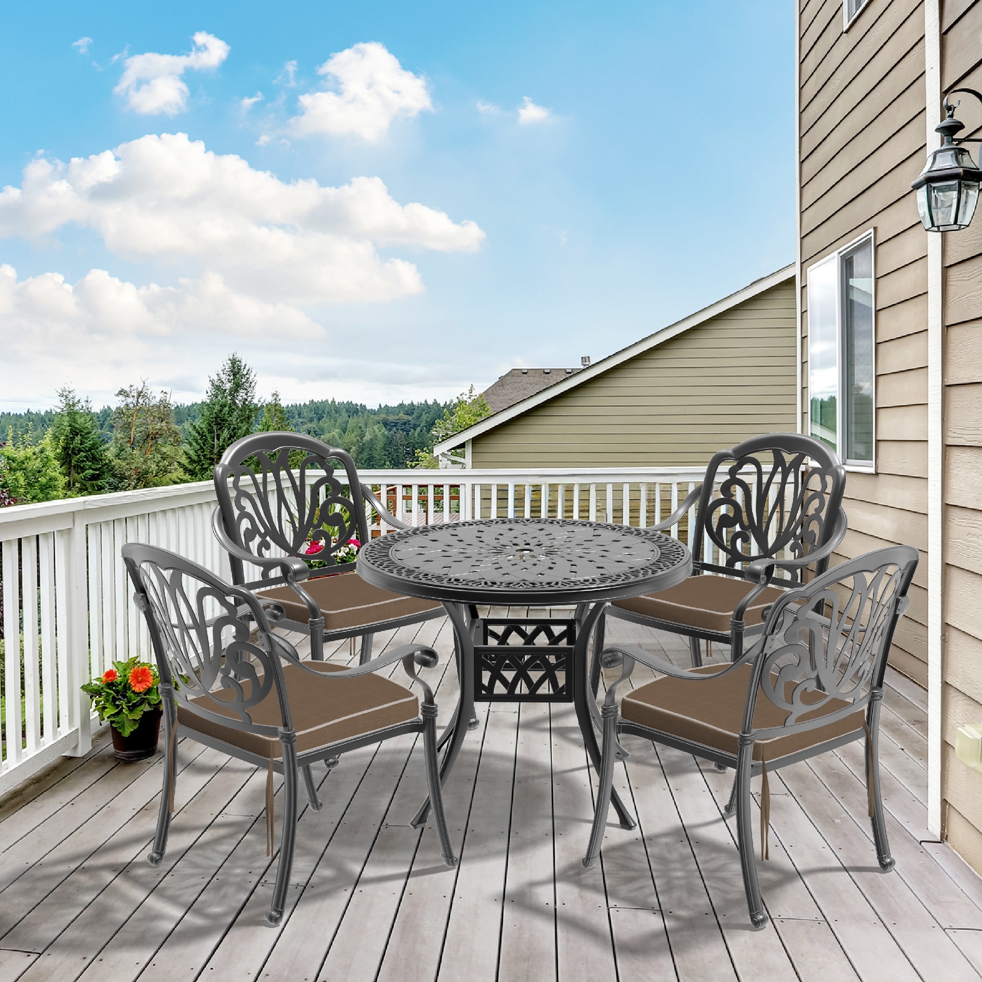 nicesure SLBK6002CZ4A1172RC 5 -Piece Black Patio Dining Set Aluminum Round Table with 4 Cushions Stackable Stationary Chairs