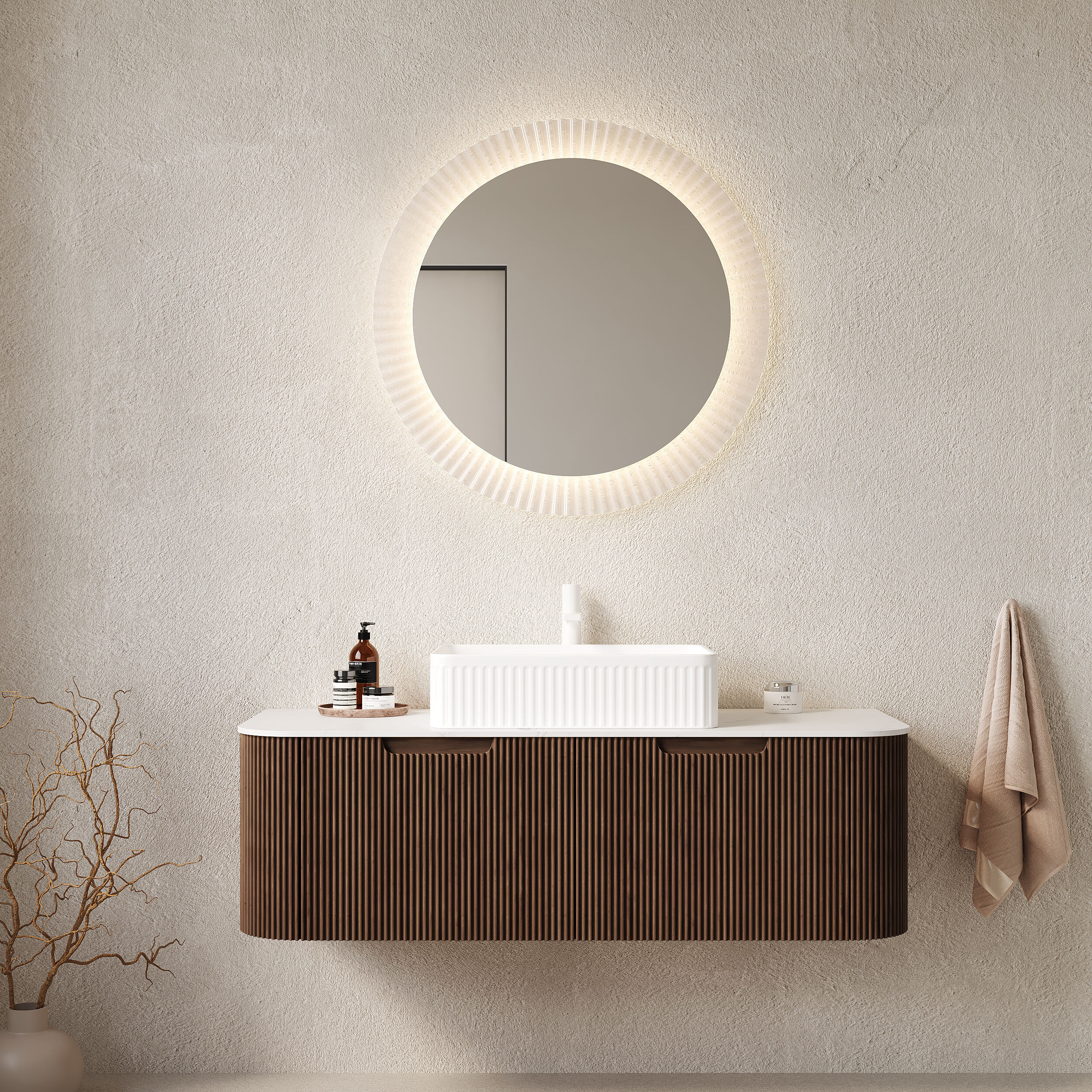 LUXEYARD - DINA 48in Bathroom Vanity with Sink Wall-Mounted Curved Edges Striped Bathroom Storage...