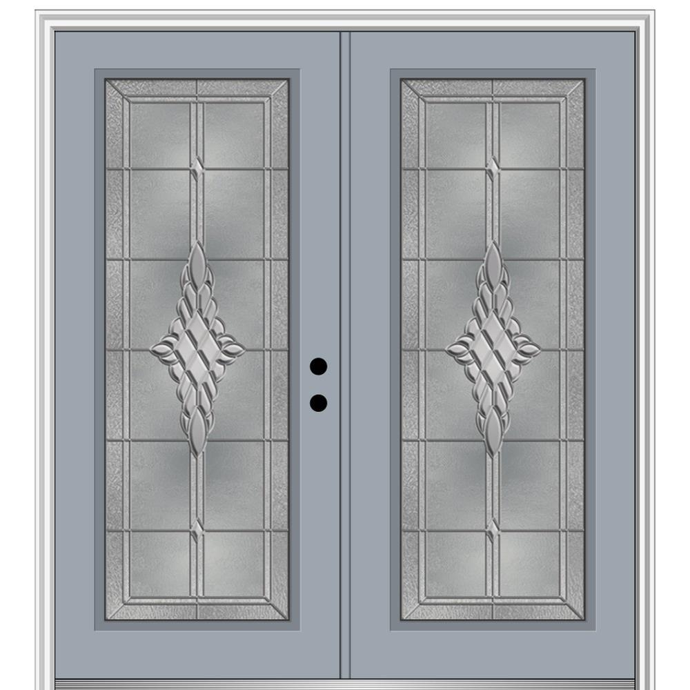 MMI DOOR ZZ366259L 72-in x 80-in x 6-9/16-in Fiberglass Full lite Left-hand inswing Storm Cloud Painted Prehung Double Front Door with Brickmould Insulating core