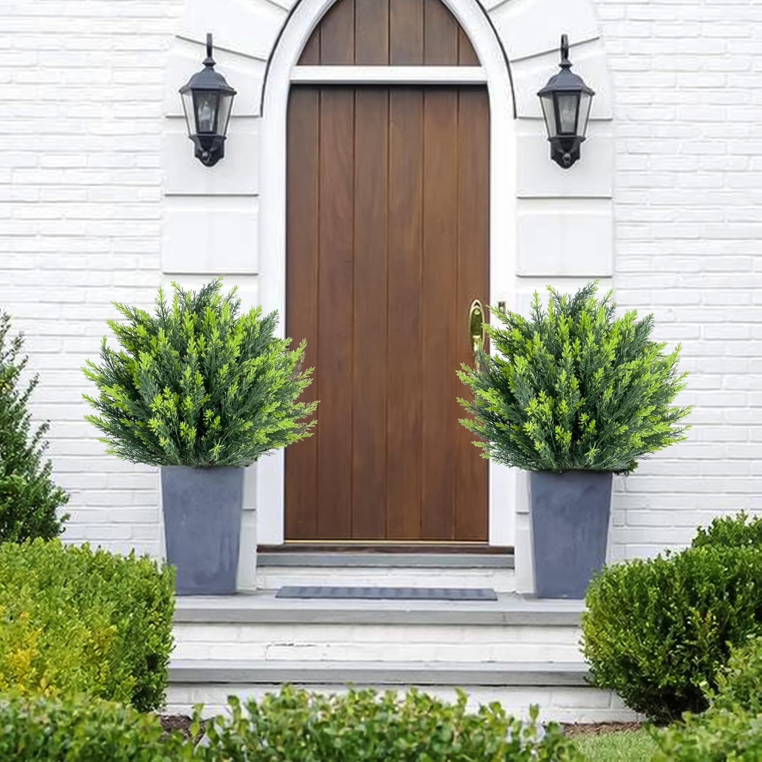 Qeetex GGL-PHK-34C8JFQW 25in Artificial Cedar Topiary Trees with Ground Spike for Outdoor-Fake Topiary Ball Trees Artificial Plant Brush for Indoor Outdoor Set of 4