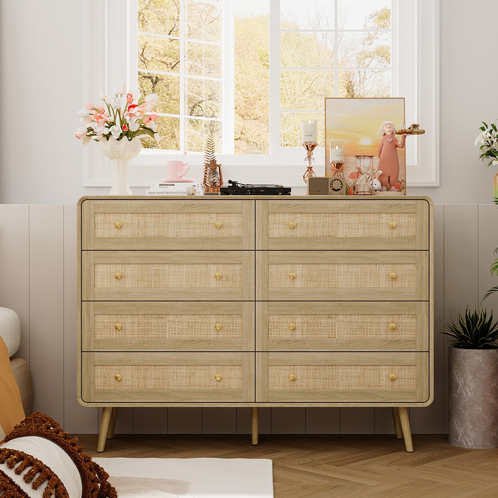Homsee C-KF200280-01 8-Drawer Rounded Corner Combo Dresser with Rattan Doors Golden Legs and Gold Handles 55.1''L x 13.9''W x 40''H Brown